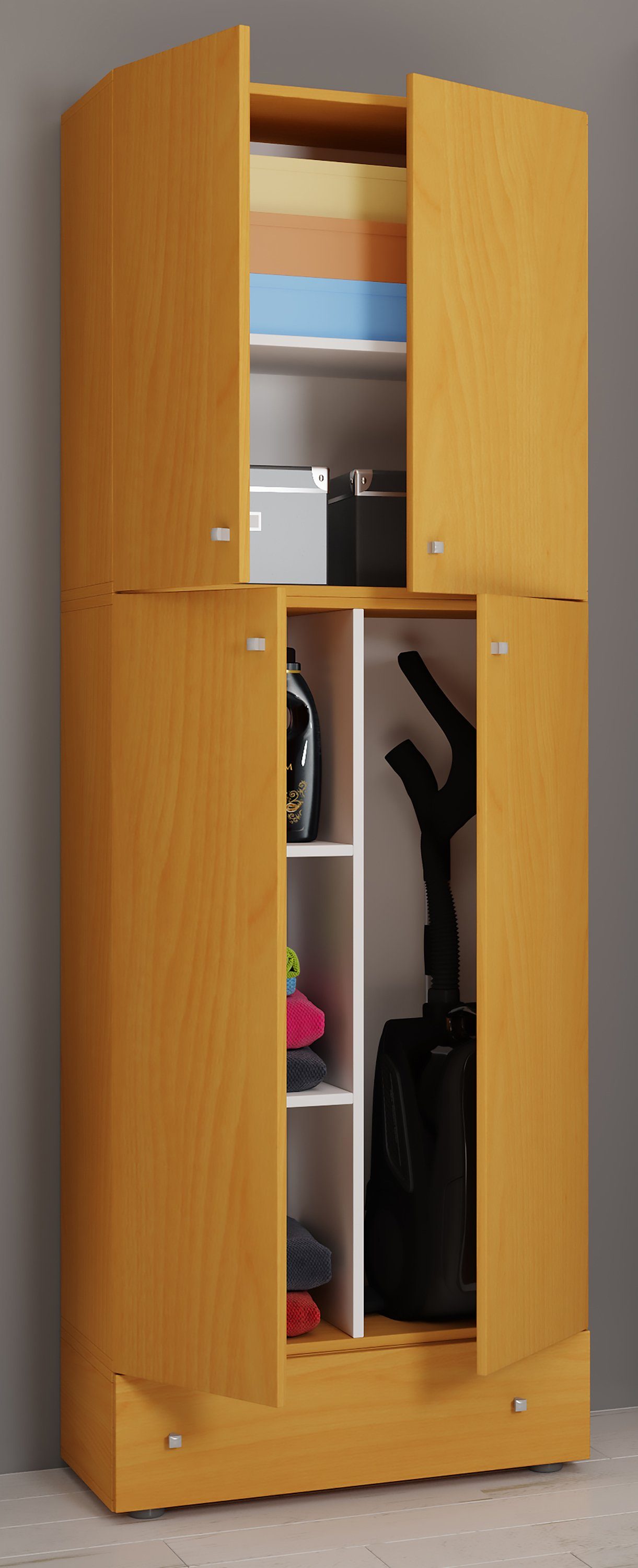 VCM Mehrzweckschrank Haushaltsschrank Lona H. 200 x B. 70 x T. 39 cm Holz Besenschrank, 6 Fächer, Extra Schublade