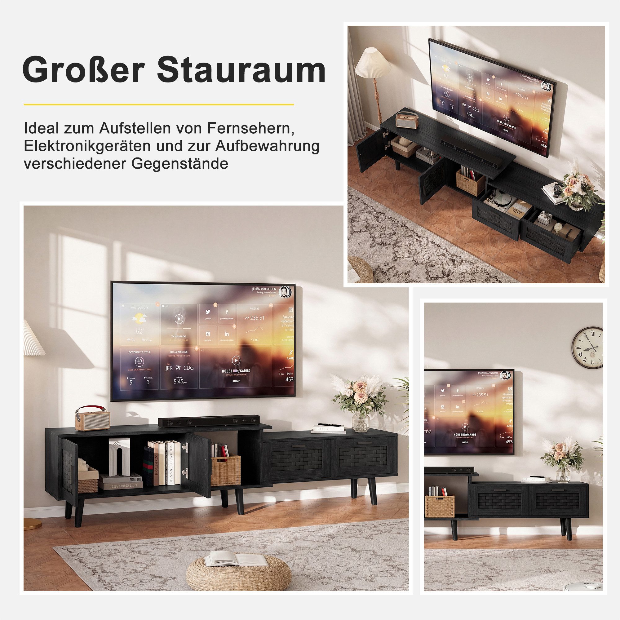 BELUPAI TV-Schrank Lowboard im wohnzimmer Fernsehschrank mit 2 Türen und 2 Schubladen (Packung, 1-St) 180x29.8x44 cm,Breite verstellbar bis zu 180 cm,30 kg Tragfähigkeit