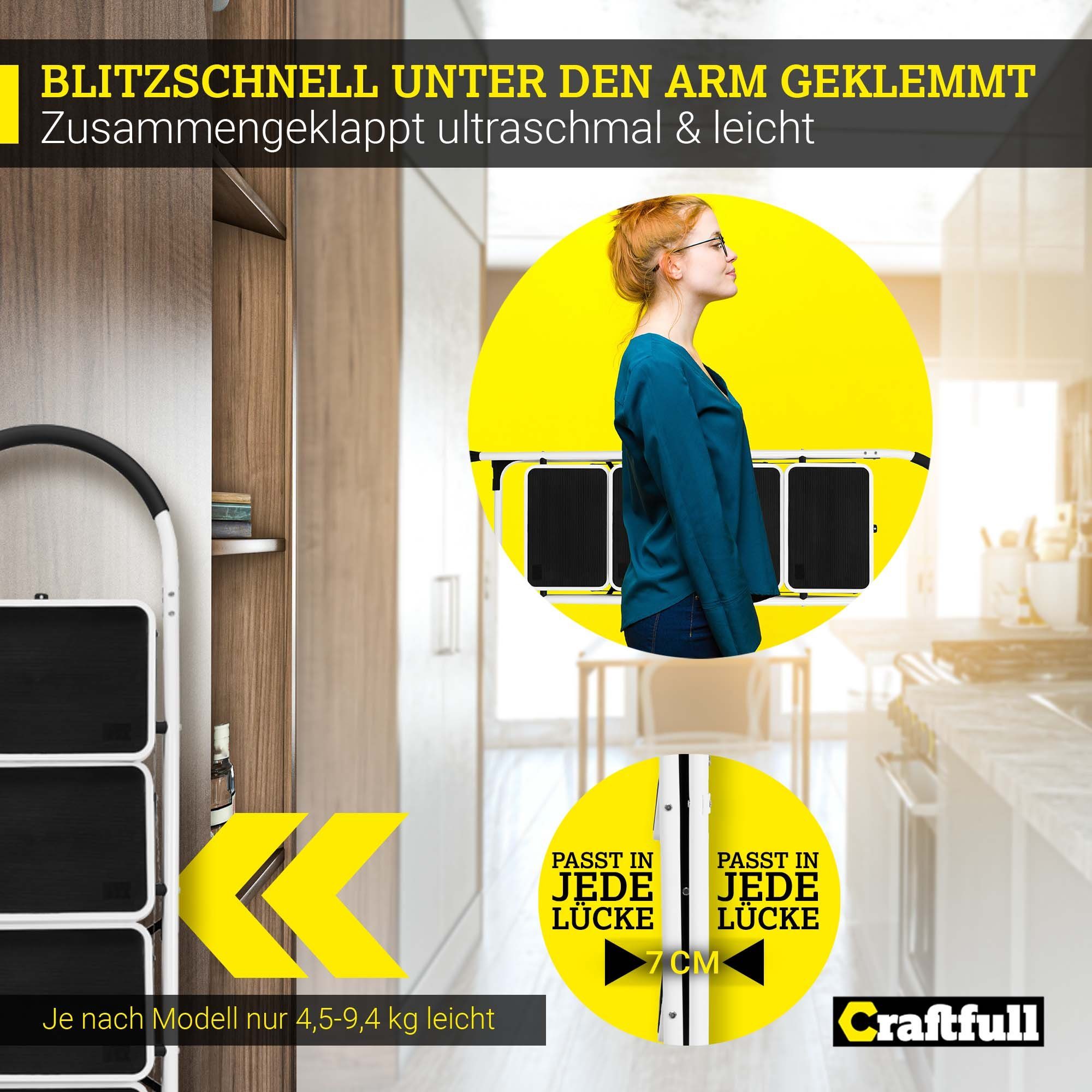Craftfull Klapptritt Klappleiter CF-130A - 3 J. Garantie - 2-5 Stufen - Eisen (150 kg Traglast - Eisen Stehleiter bis 150 kg - Doppelleiter - Sicherheitsleiter - Multifunktionsleiter - Vielzweckleiter - Mehrzweckleiter, 1-St., Anti-Rutsch, Sicherheitsbügel, extra schmal), Haushaltsleiter Stufen Leiter Arbeitsleiter Arbeitsbühne klappbar
