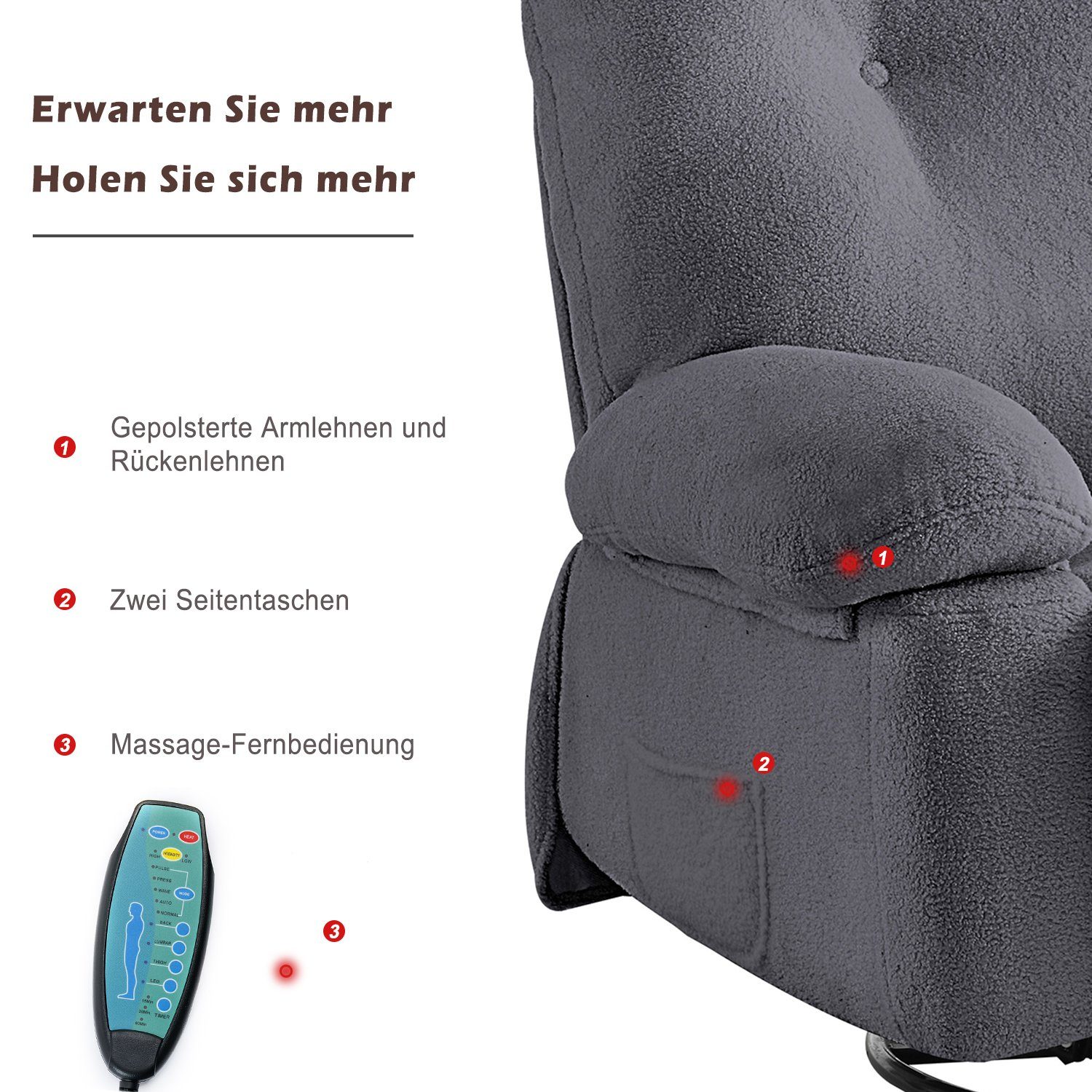 elektrisch Merax Vibration Timer, Wärmefunktion, mit mit Fernsehsessel und TV-Sessel Drehfunktion und Grau Relaxsessel 360° Fernbedienung, Massagessel mit