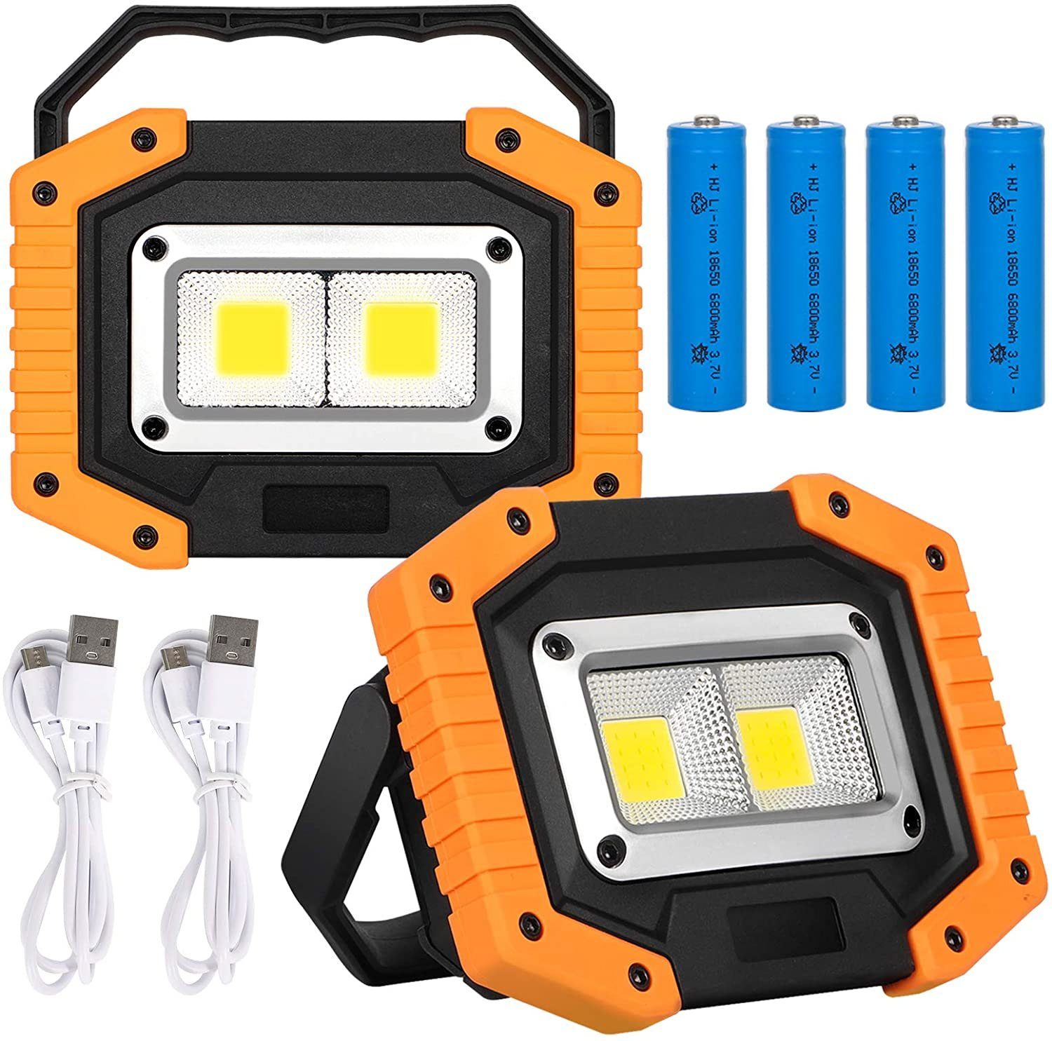 LED Batteriebetrieben, für Akku, Notfall Bedee fest Baustrahler, LED Scheinwerfer Camping Stück Arbeitsleuchte LED Arbeitsleuchte integriert, Arbeitslicht Warmweiß, 2 Angeln Wasserdicht Strahler