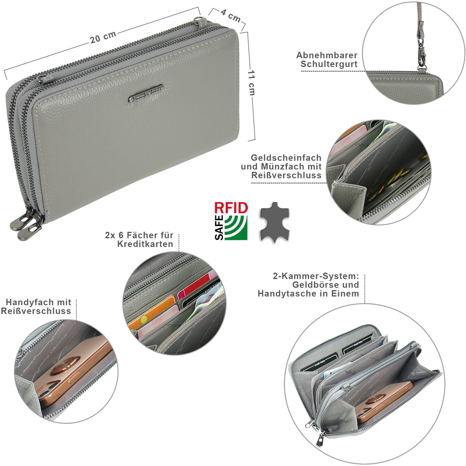 J JONES JENNIFER JONES Handytasche 2in1 - Damen Handtasche als Geldbörse mit Handyfach, Leder, abnehmbarer Schultergurt