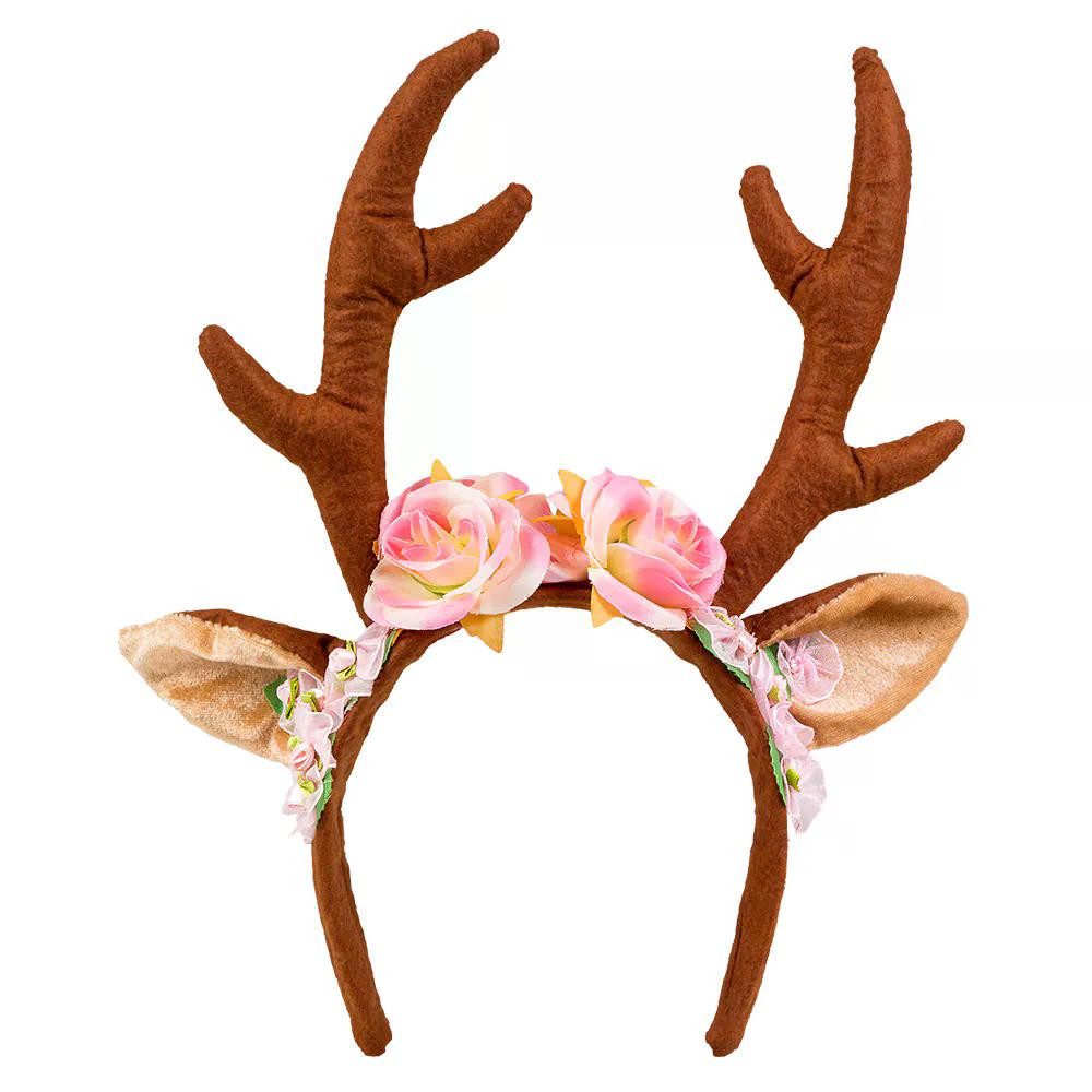 Boland Kostüm Diadem Lovely Reindeer Rentier Haarreif mit Geweih und Blumenkranz, Geweih mit Ohren und liebevollem Blumenkranz aus Stoffrosen
