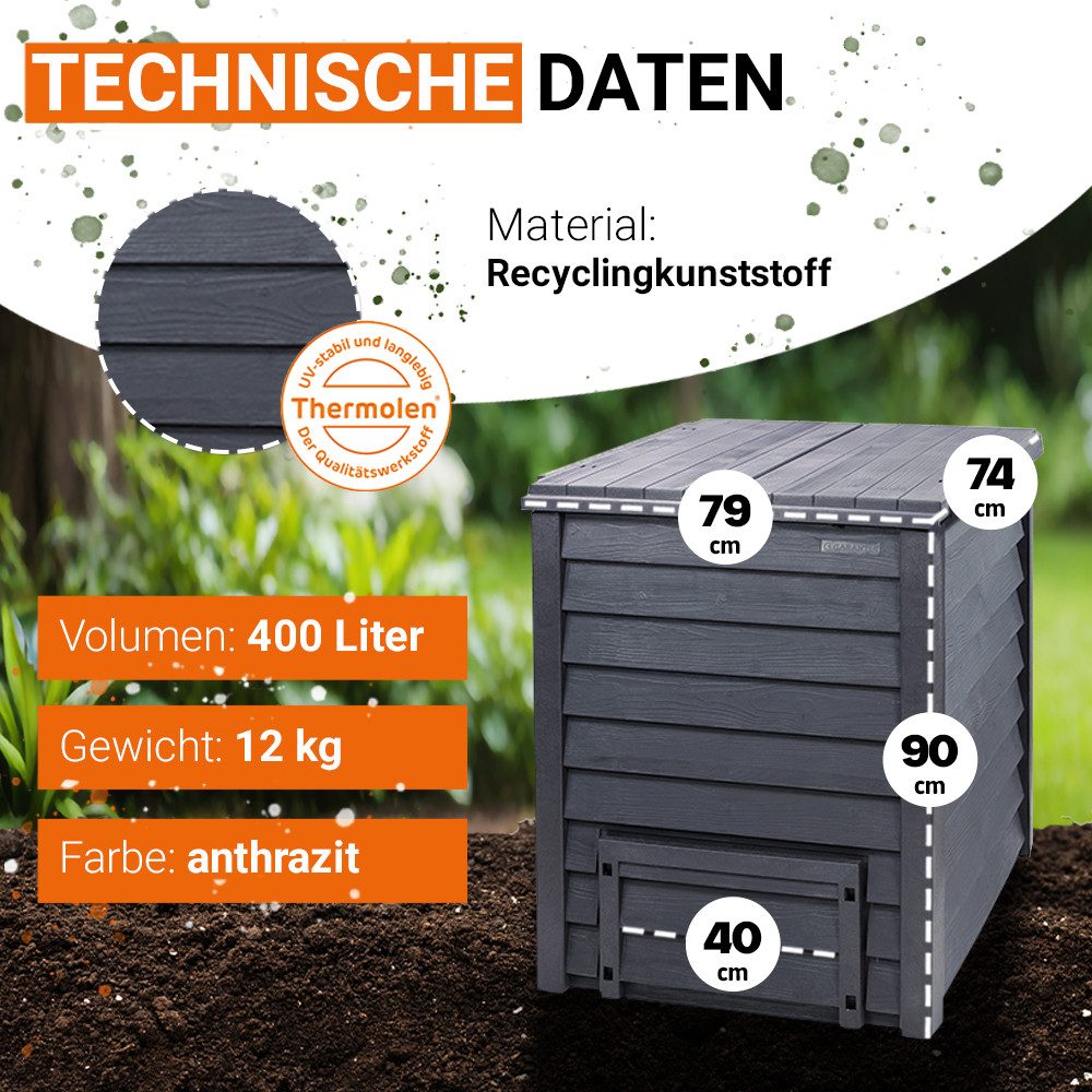 GARANTIA Komposter THERMO-WOOD Komposter 400 Liter inkl. Bodengitter anthrazit-braun, 400 l – Bild 3 von 5