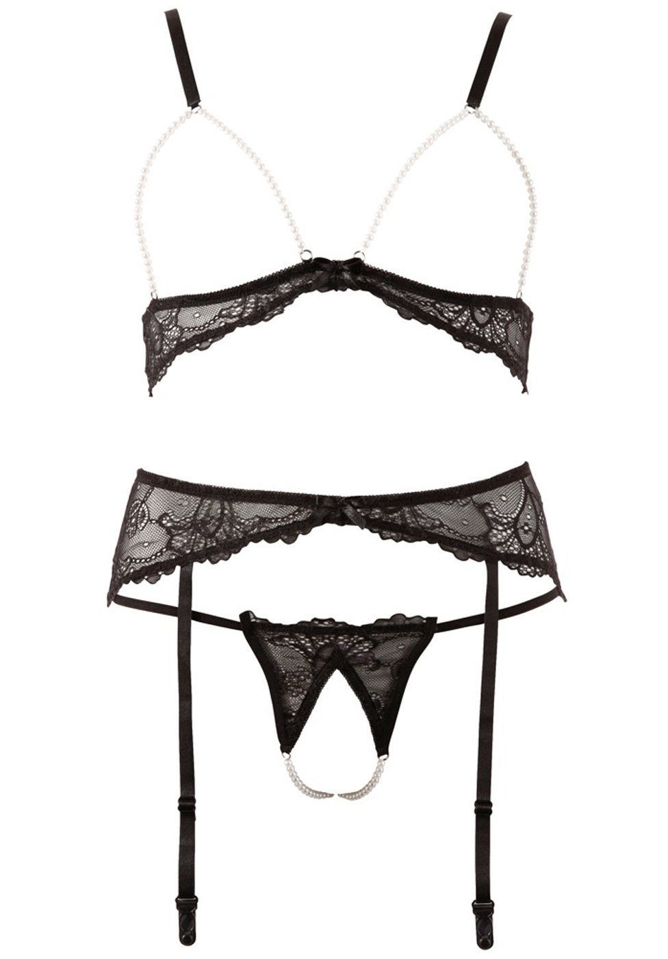 Abierta Fina Set: Bügelloser BH Dessous-Set mit Perlen: BH, String und Strumpfhalter - schwarz (3-tlg) aus transparenter Spitze