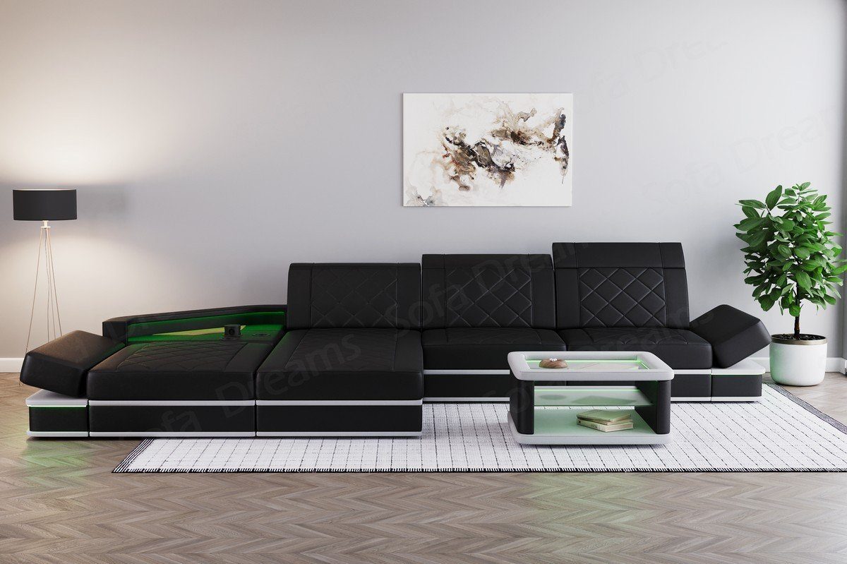 Sofa Designer Ledersofa, Perugia Couch Leder Dreams Ledercouch Sofa Ecksofa L LED-Beleuchtung mit Form