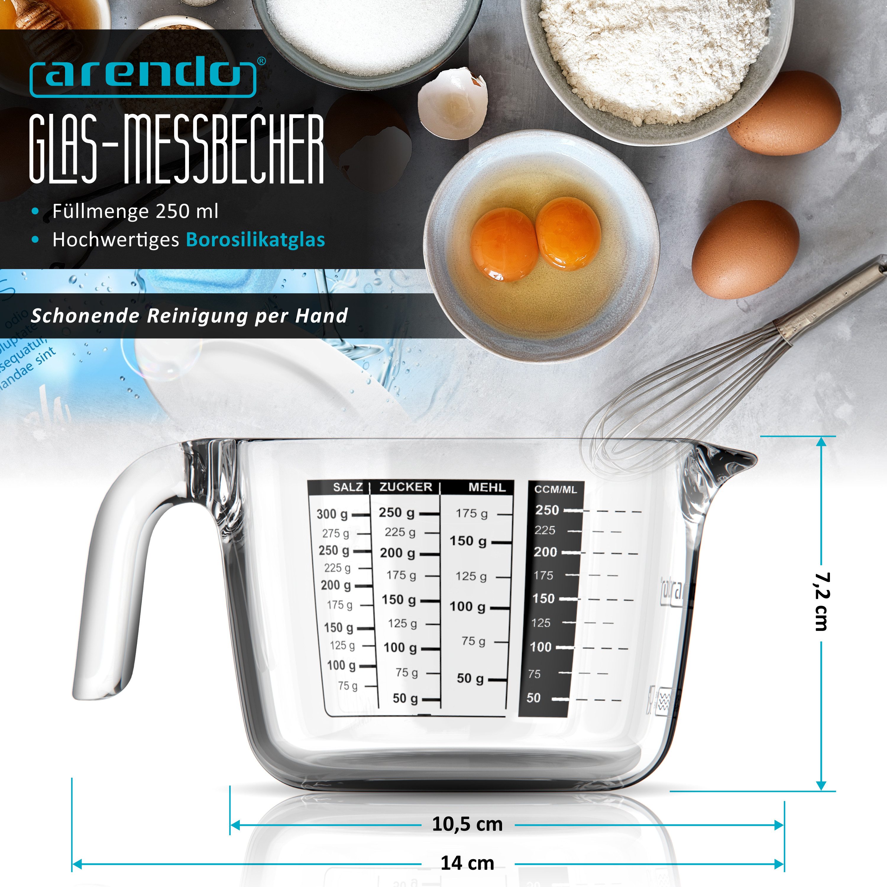 Arendo Messbecher 250 ml Glas Messkrug, Borosilikatglas, Mikrowellengeeignet, Glas, 0,25l, präzise Skala, hitzebeständig, Küchenhelfer mikrowellengeeignet