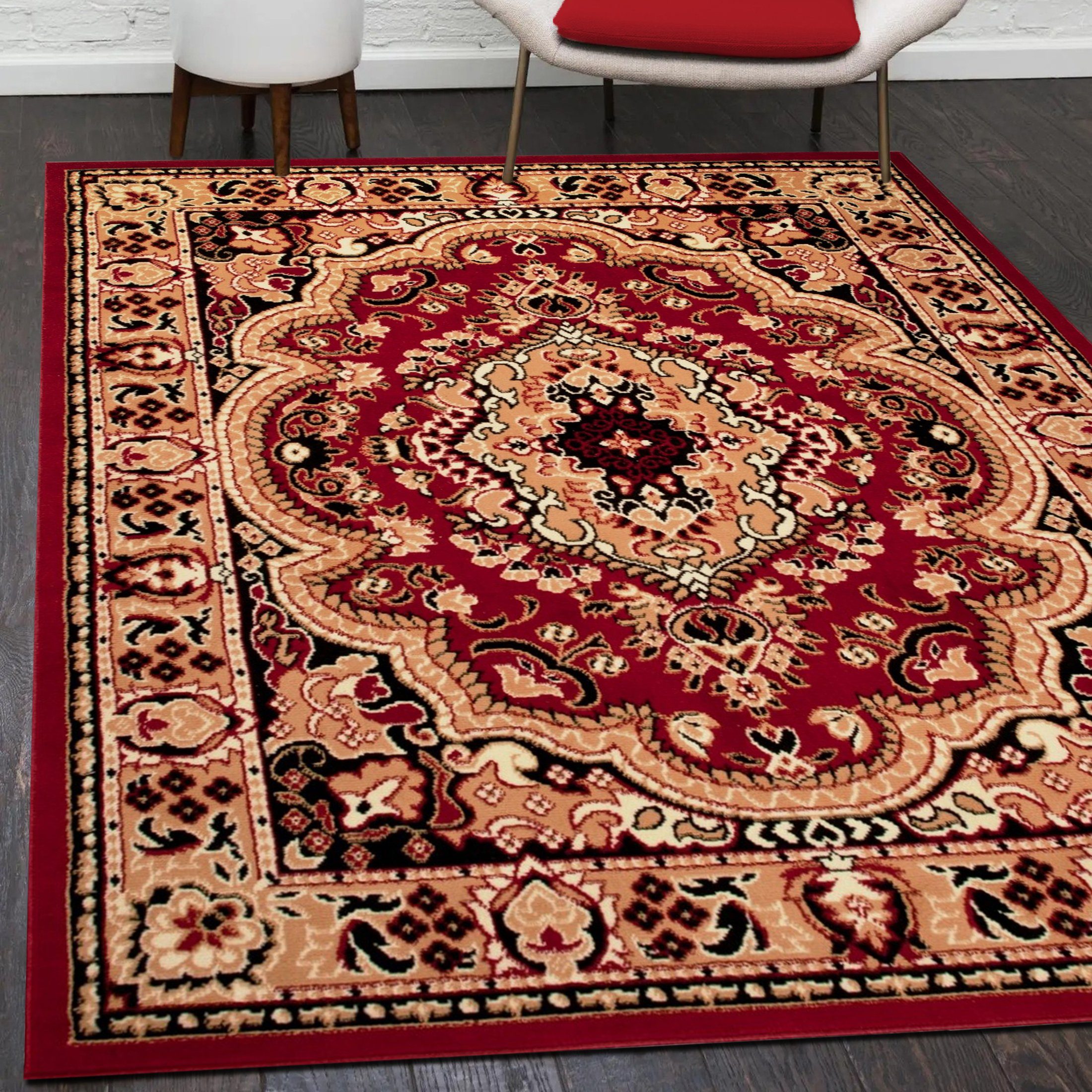 Orientteppich Orientalisch Vintage Teppich Kurzflor Wohnzimmerteppich Rot, Mazovia, 200 x 300 cm, Fußbodenheizung, Allergiker geeignet, Farbecht, Pflegeleicht