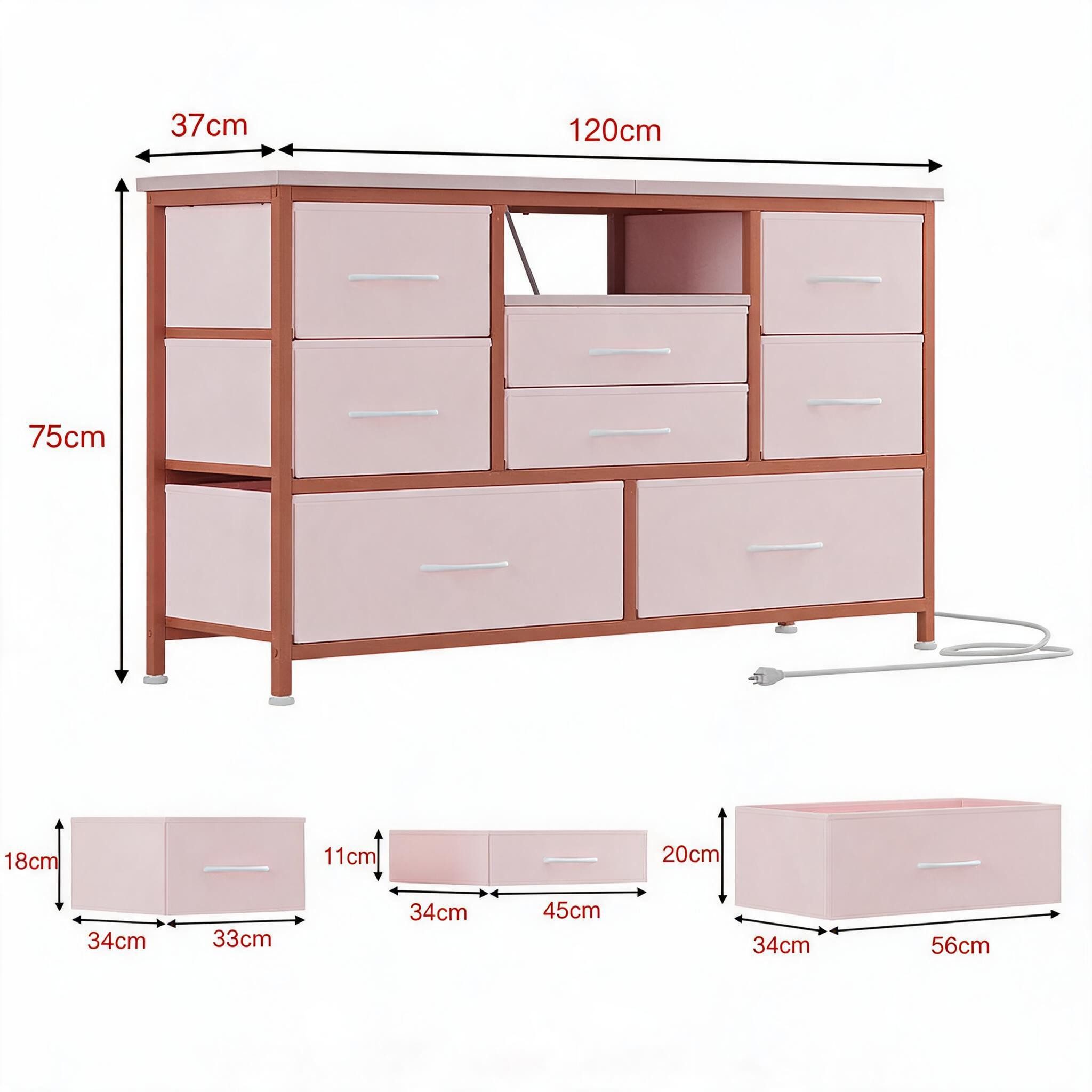 GarveeMore TV-Schrank Breites Sideboard Mehrzweckschrank Kommode mit 8 tiefen Schubladen Media-Board Stauraumschrank mit Steckdose, USB-Anschluss und RGB-LED