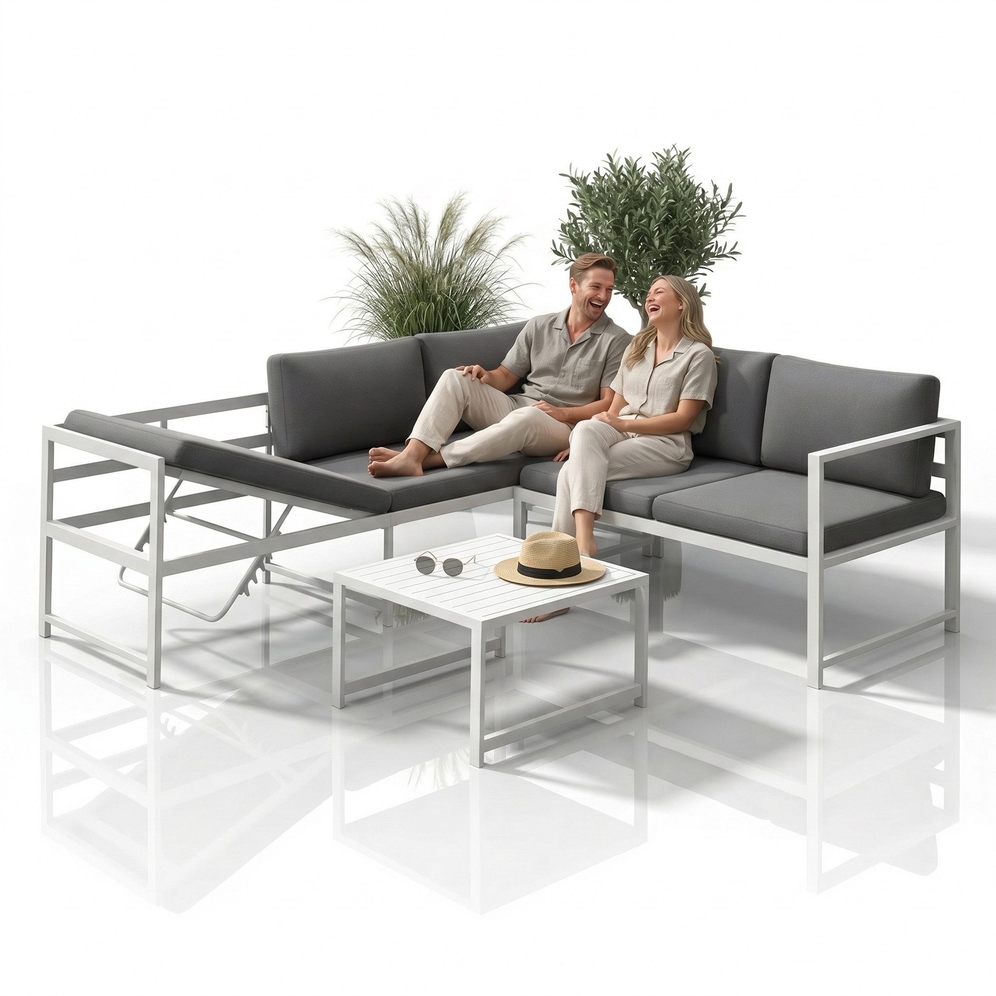 Mucola Gartenlounge-Set Ecklounge mit Liegefunktion Aluminium Sitzgruppe wetterfest Weiß, (Set, 3-tlg., 2 Sofa, 1 Tisch, 11 Auflagen), Liegefunktion durch verstellbare Rückenlehne