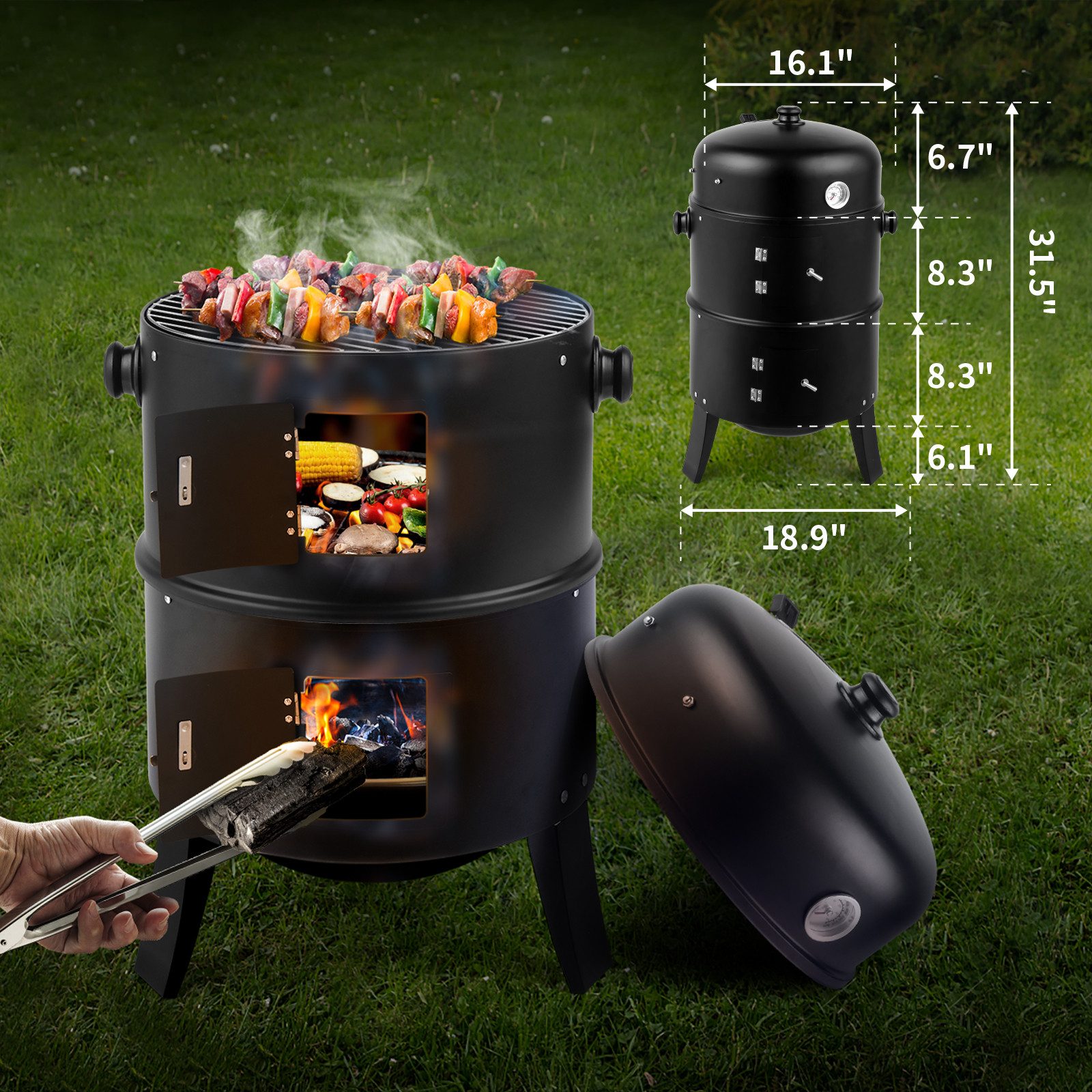 LALAHO Holzkohlegrill 3 in 1 Smoker Grill, Räuchertonne für Camping, Garten, 80 x 41 x 48cm – Bild 4 von 5