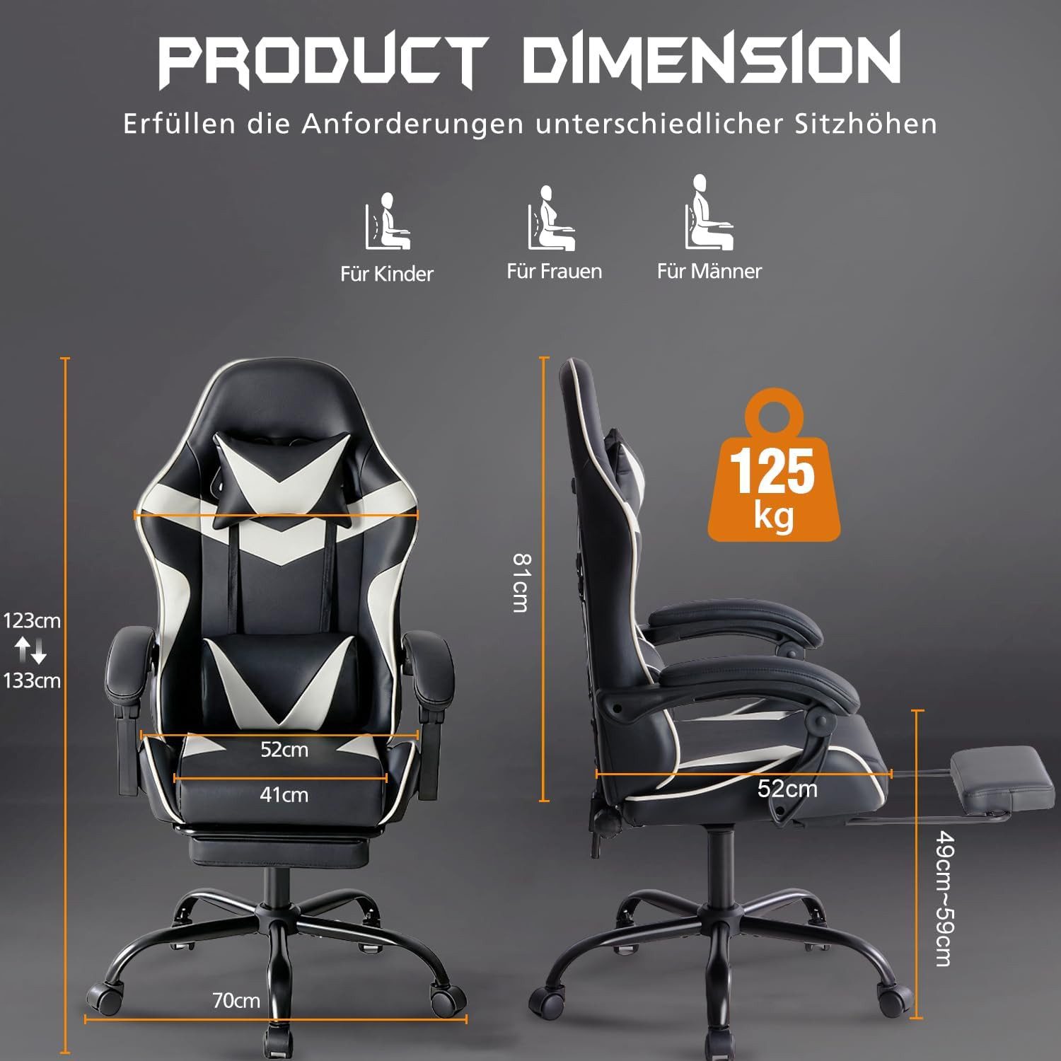 SURFOU Gaming-Stuhl Chefsessel Bürostuhl Ergonomisch Gamingstuhl PC Sessel Drehsessel, mit Fußstütze Kopfstütze Lordosenstütz Höhenverstellbar Drehsessel