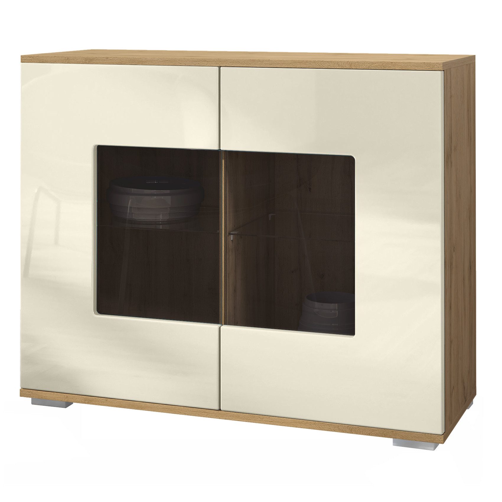 Vladon Kommode Grömitz V3 (Moderner Küchenschrank, mit 2 großen Glastüren), Eiche Evoke / Creme Hochglanz (92,5 x 0.0 x 35)