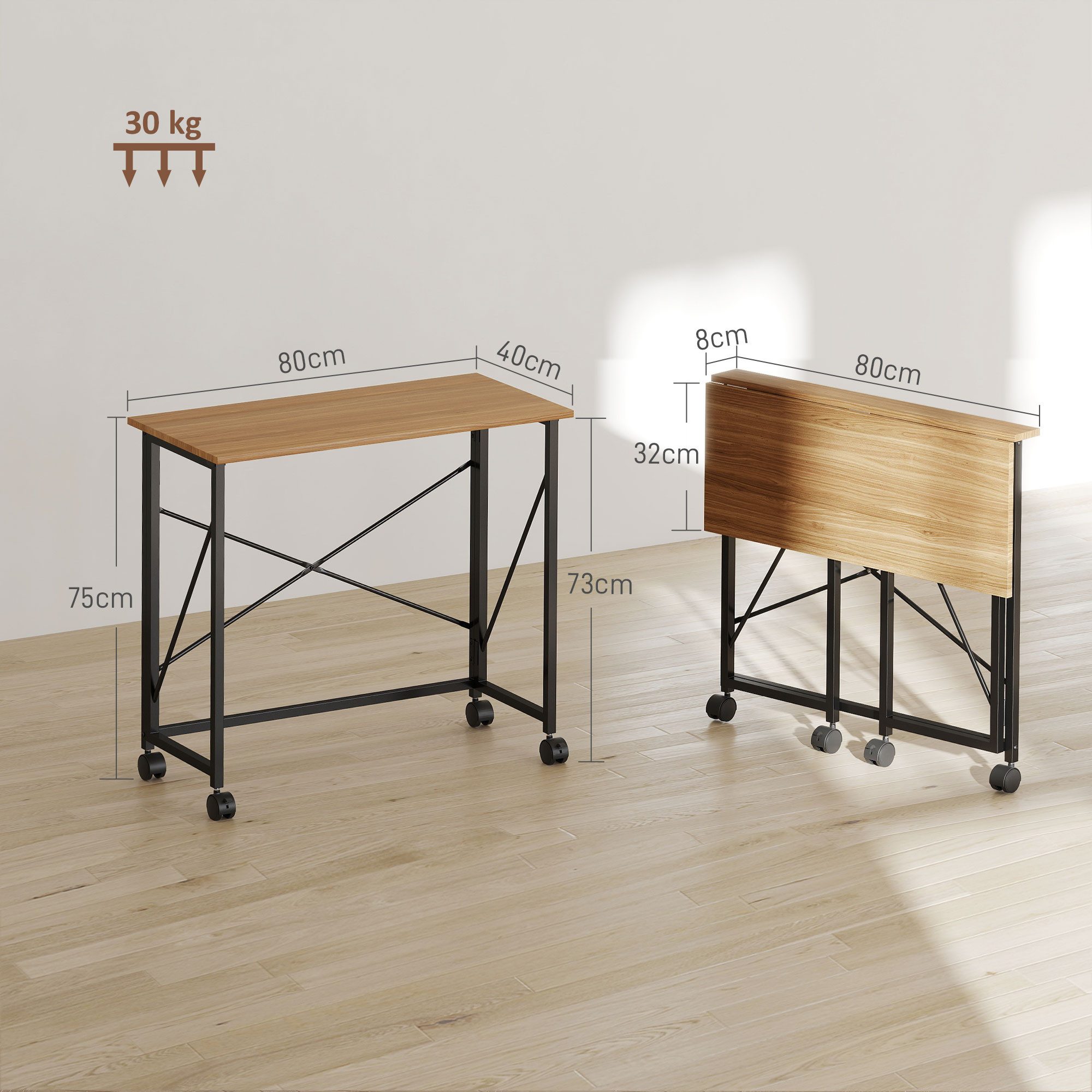 HOMCOM Schreibtisch Computertisch mit Rollen, platzsparender Klapptisch (Klapptisch, 1-St., Klappschreibtisch), Computertisch für Home Office, Eiche