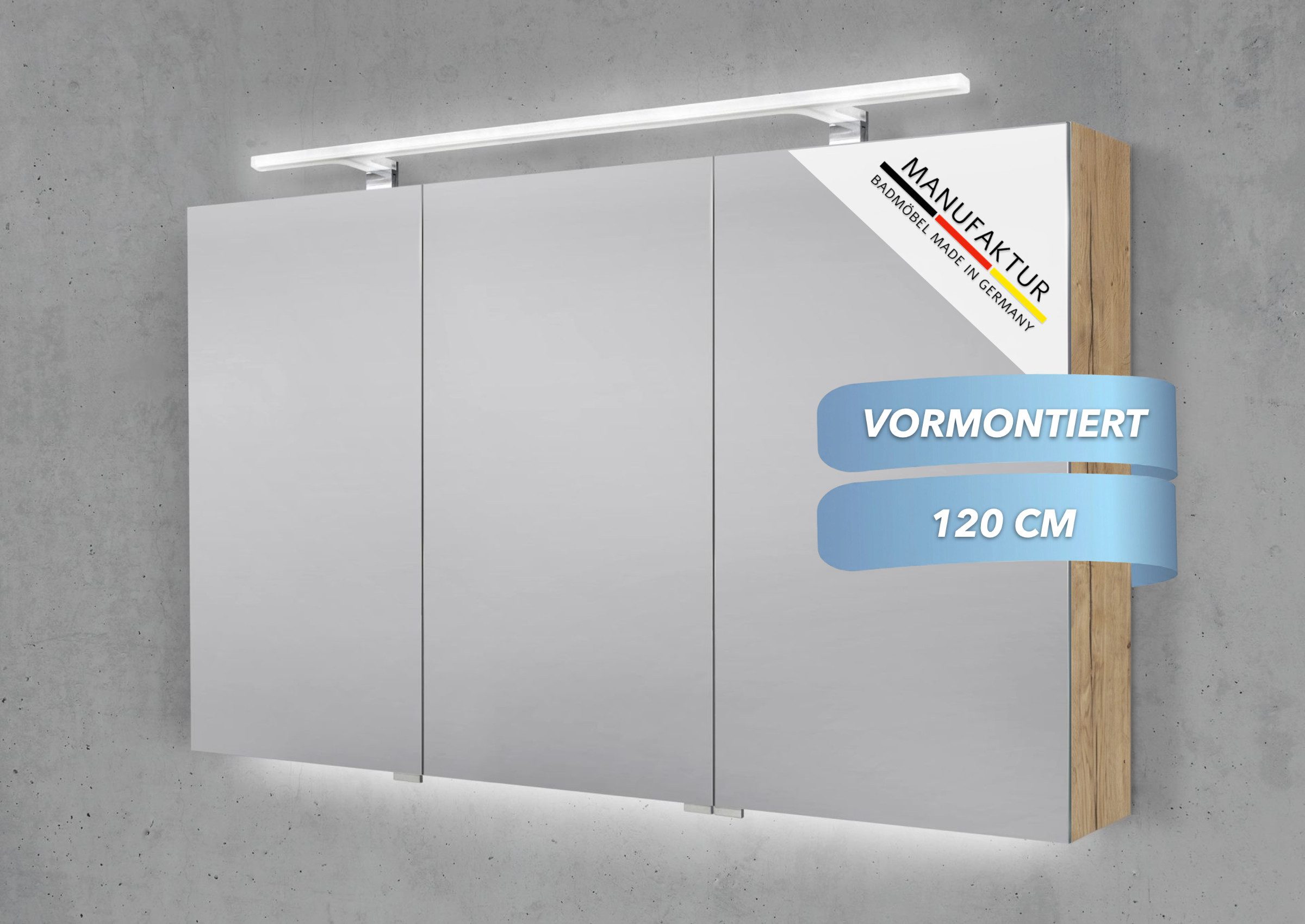 Intarbad Badezimmerspiegelschrank 3-türiger Spiegelschrank mit MULTI LED Acryl Aufsatzleuchte, dimmbar (Doppelspiegeltüren, Holz-/ Lackdekore, Maße von 120 bis 140 cm wählbar, Höhe 70 cm, Glasfachböden, Magnetleiste & Kosmetikspiegel Ø 12 cm) Vormontierte Lieferung, Floatglas, 160 kg Traglast, Made in Germany