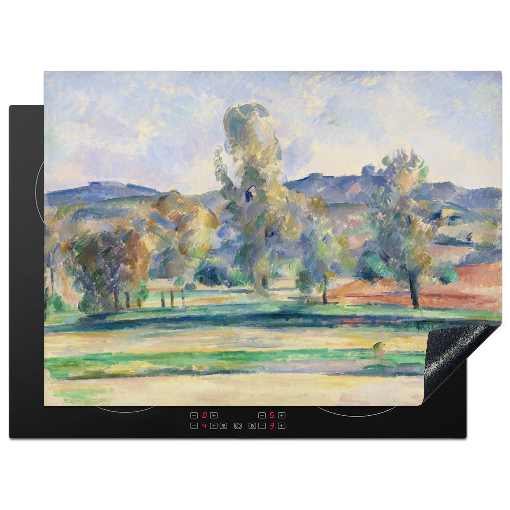 Mobile Vinyl, nutzbar, MuchoWow Cézanne, Herdblende-/Abdeckplatte von - (1 cm, Arbeitsfläche Herbstlandschaft Ceranfeldabdeckung 70x52 Paul Gemälde tlg),