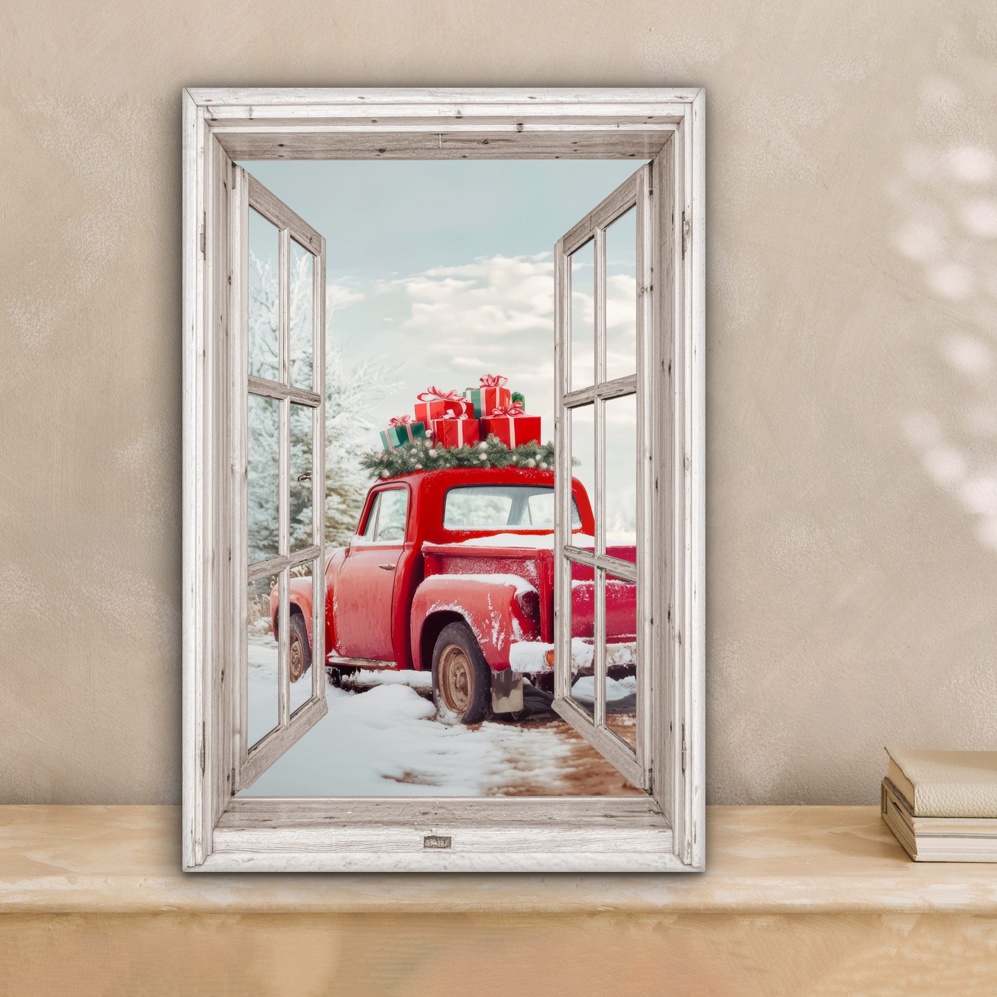 OneMillionCanvasses® Leinwandbild Auto - Rot - Winter - Weihnachten - Fenst günstig online kaufen