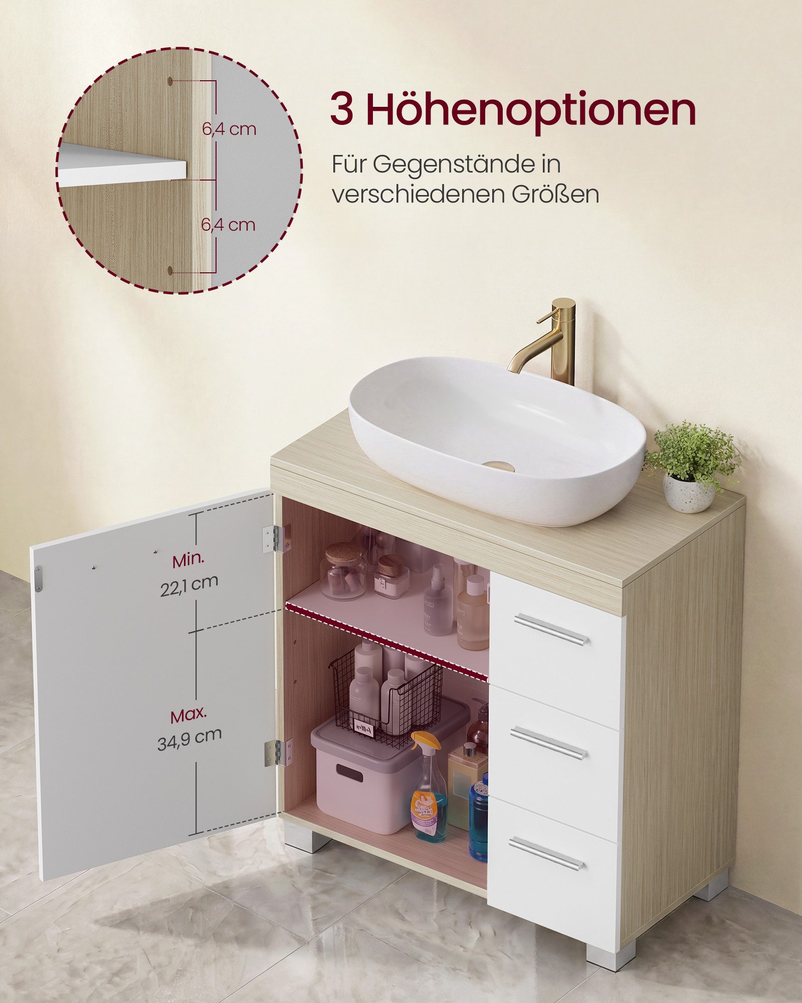 VASAGLE Waschbeckenunterschrank Badezimmerschrank Badschrank mit 3 großen Schubladen, 2 Fächer hinter der Tür, 60 x 30 x 63,8 cm – Bild 3 von 5