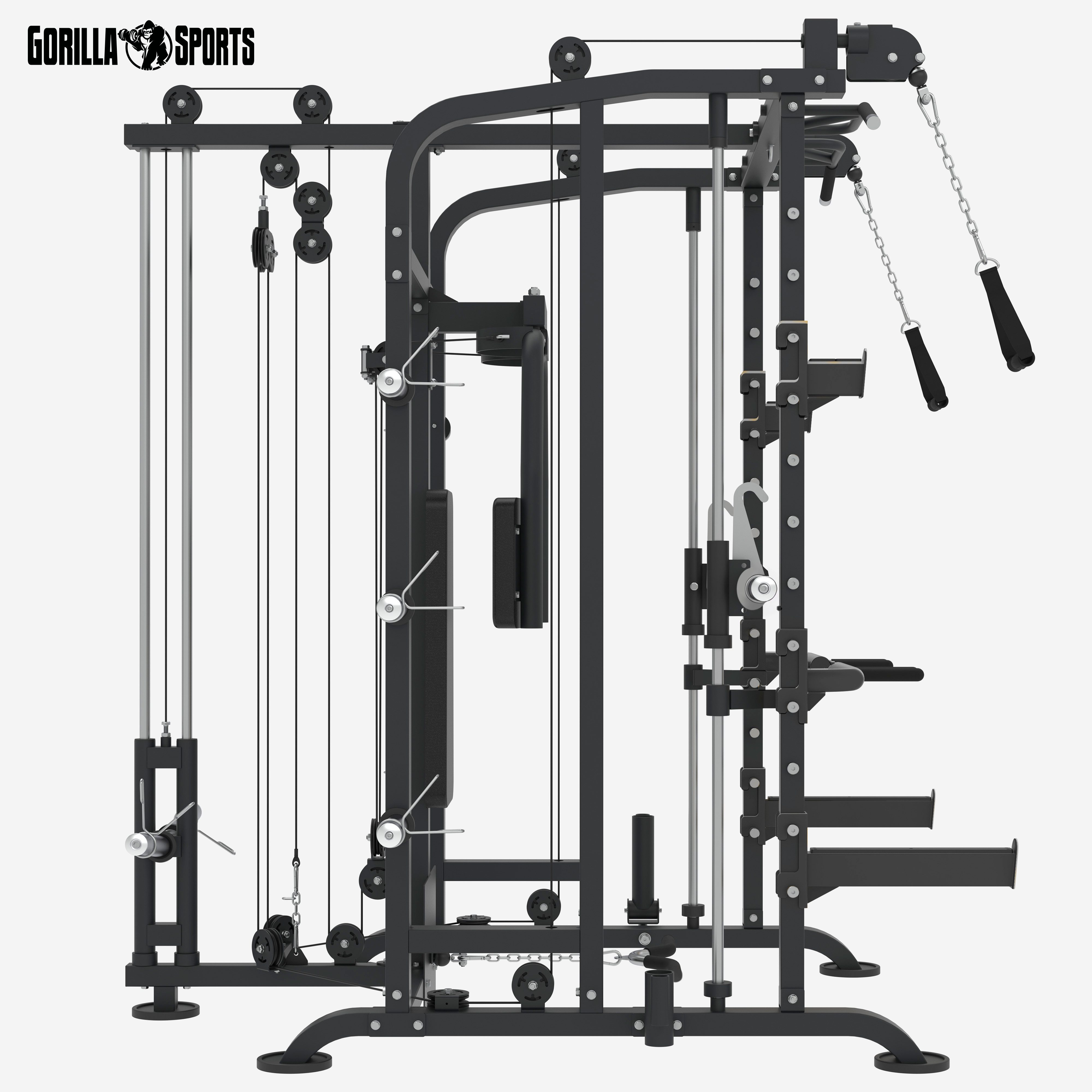 GORILLA SPORTS Kraftstation Multifunktionale, Power Rack, 50mm Stange, Latzug mit Kabelzuggriffen, (1-tlg., Langhantel, Butterfly, Klimmzug, Dip Griffe, T-Bar Row, Bizeps Trizeps), Max Gewicht bis 300 kg - Fitnessstation, Smith Machine, Multi-Gym