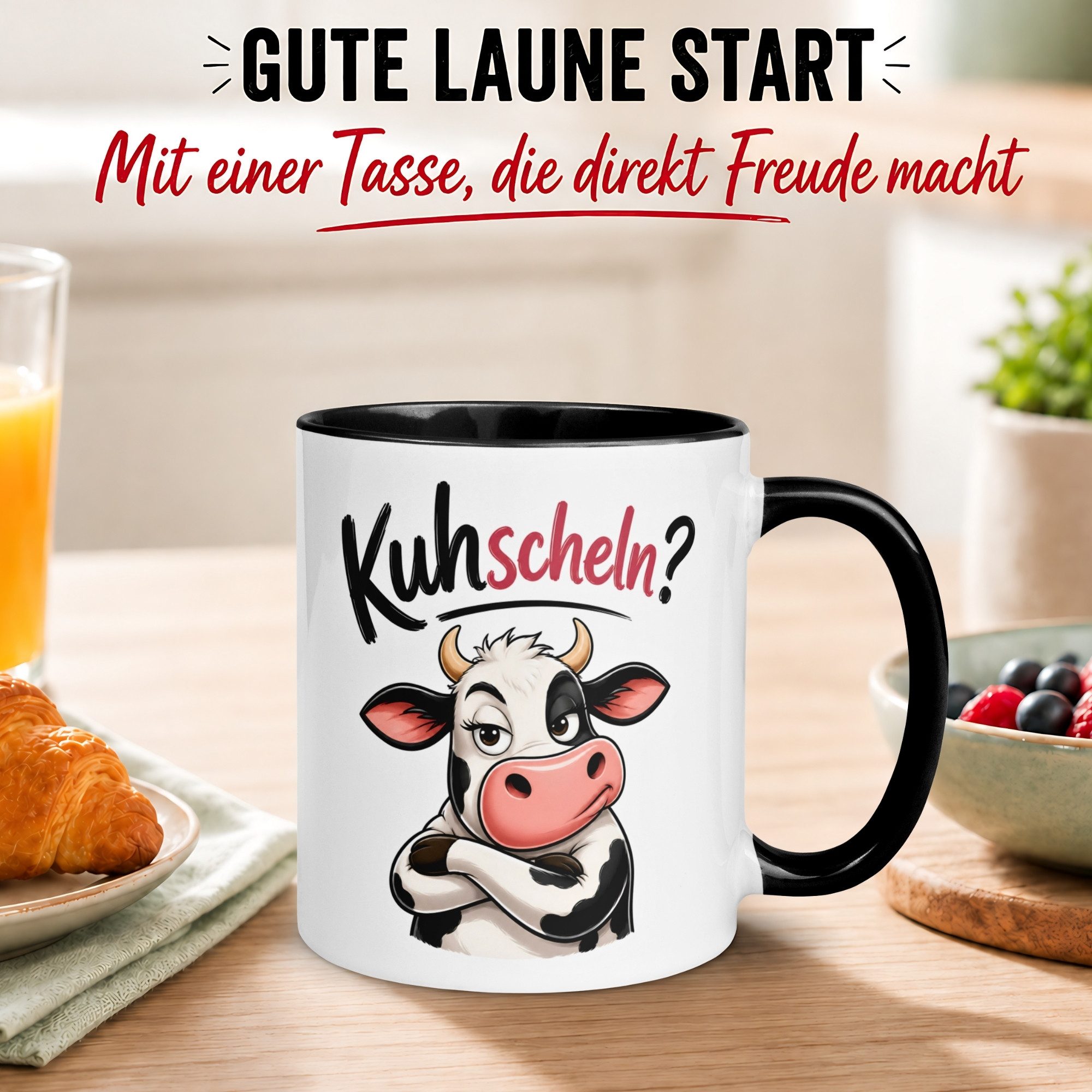 Momentals Tasse Kuh – „Kuhscheln?“ – lustiges Ich liebe Dich Geschenk, Gratis Versand · Links-&Rechtshänder · Spülmaschinenfest