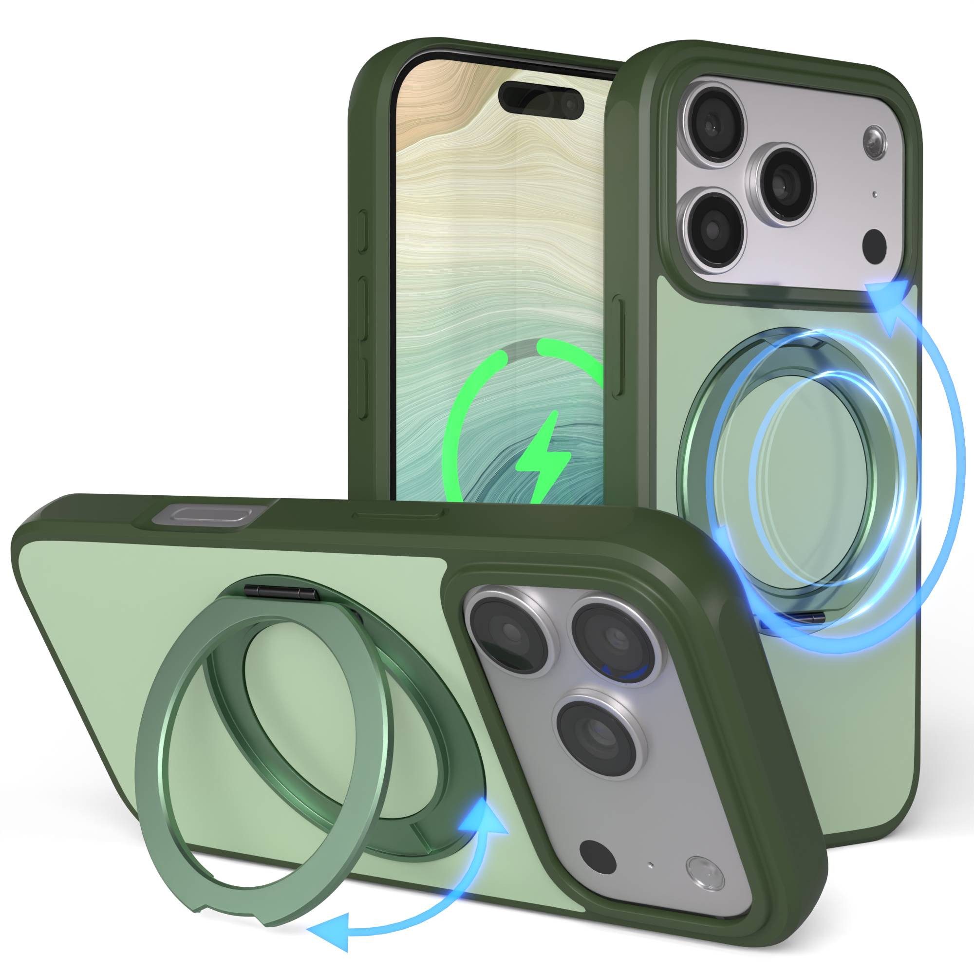 EAZY CASE Handyhülle Outdoor Apple iPhone 17 Pro Case MagSafe Rotation Ring 6,3 Zoll, Backcover Case mit Rotation Ring Outdoor Hülle aufstellbar Dunkelgrün