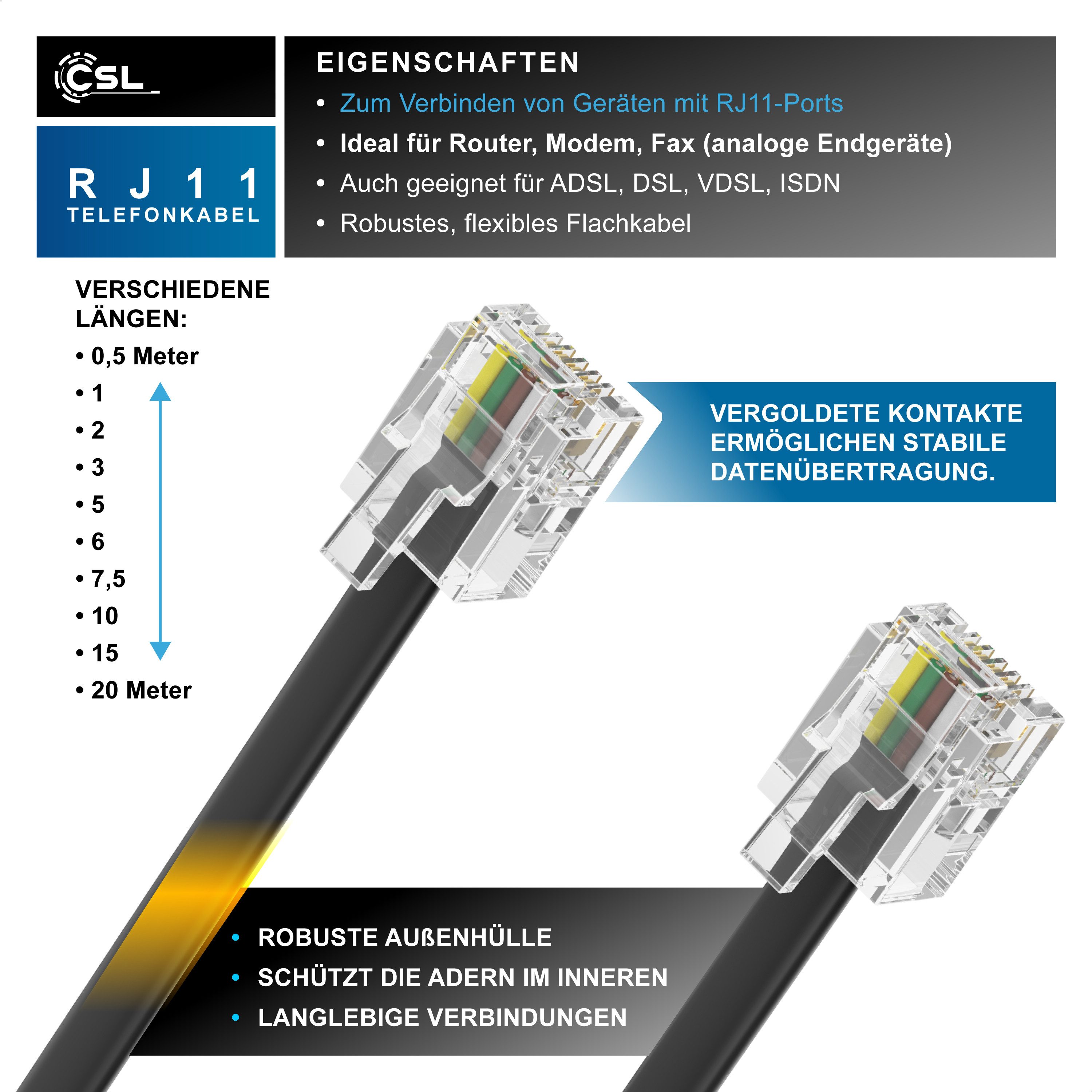 CSL Flachkabel RJ11 zu RJ 11, Router zu Telefon Fax Anrufbeantworter 7,5 m Telefonkabel, RJ-11, RJ-11 (750 cm), Modularkabel, Telefonanschlusskabel, Modem, DSL, VDSL, ISDN, flach