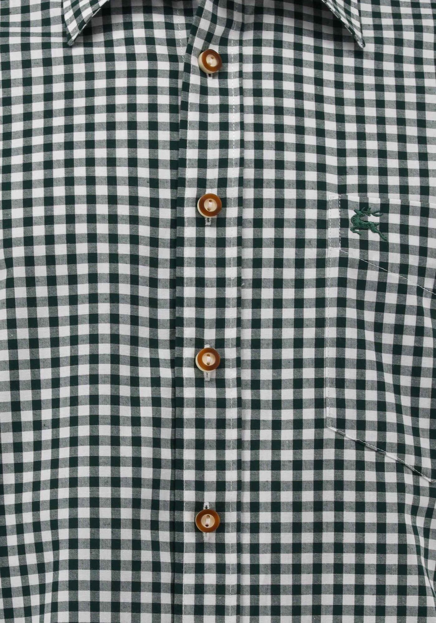OS-Trachten Trachtenhemd Ukazui Langarmhemd mit aufgesetzter Hirsch-Stickerei dunkelgrün Brusttasche mit