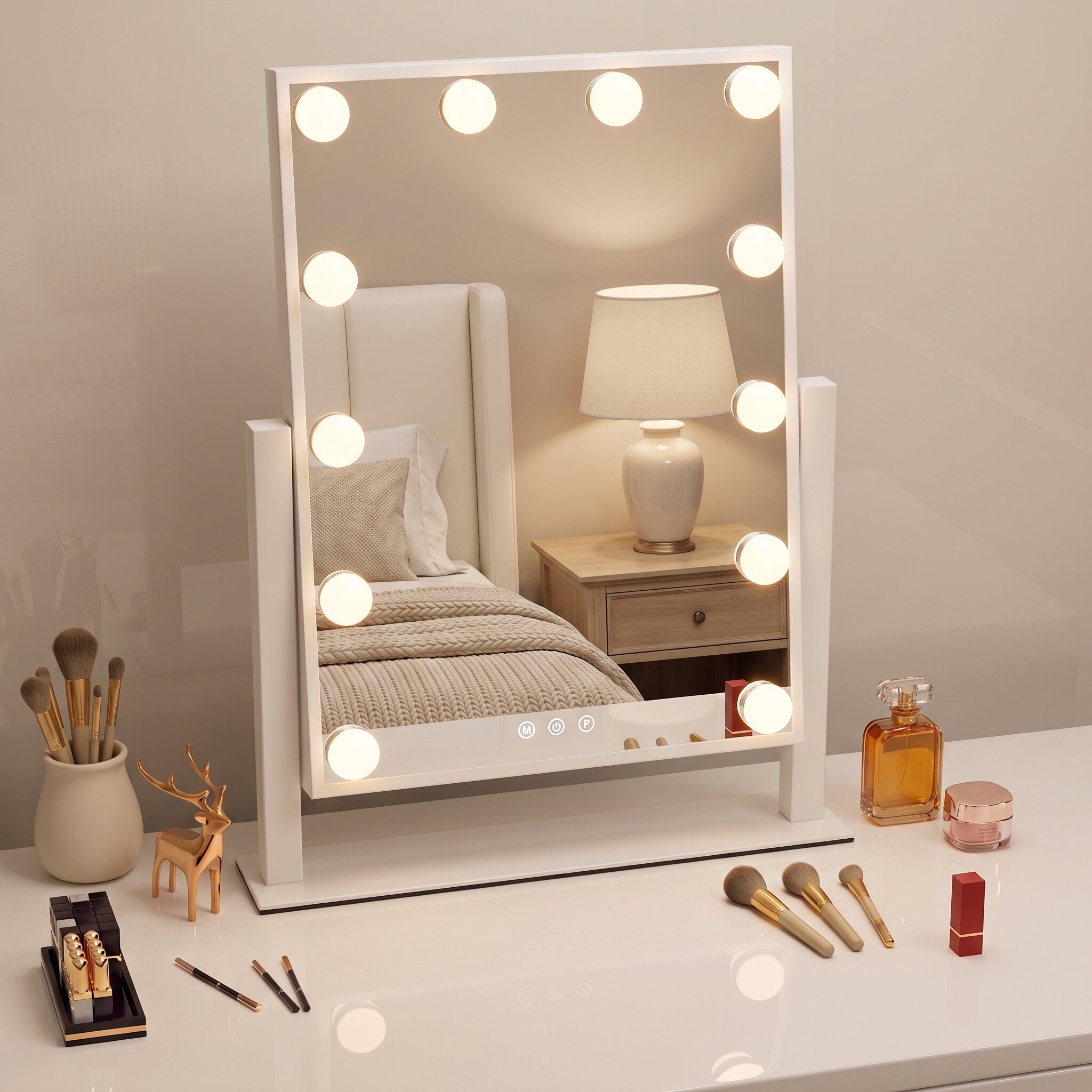 oyajia Schminkspiegel mit Beleuchtung Hollywood Spiegel, 3 Lichtfarben Touch Dimmbar (30x40cm,Hollywood Spiegel,Schminkspiegel mit Licht, 12 Dimmbare LED,3 Beleuchtungsmodi,Touch Steuerung), HD Kupfer- und bleifreier Spiegel, Stabile Standfuß, 360-Grad-Drehung