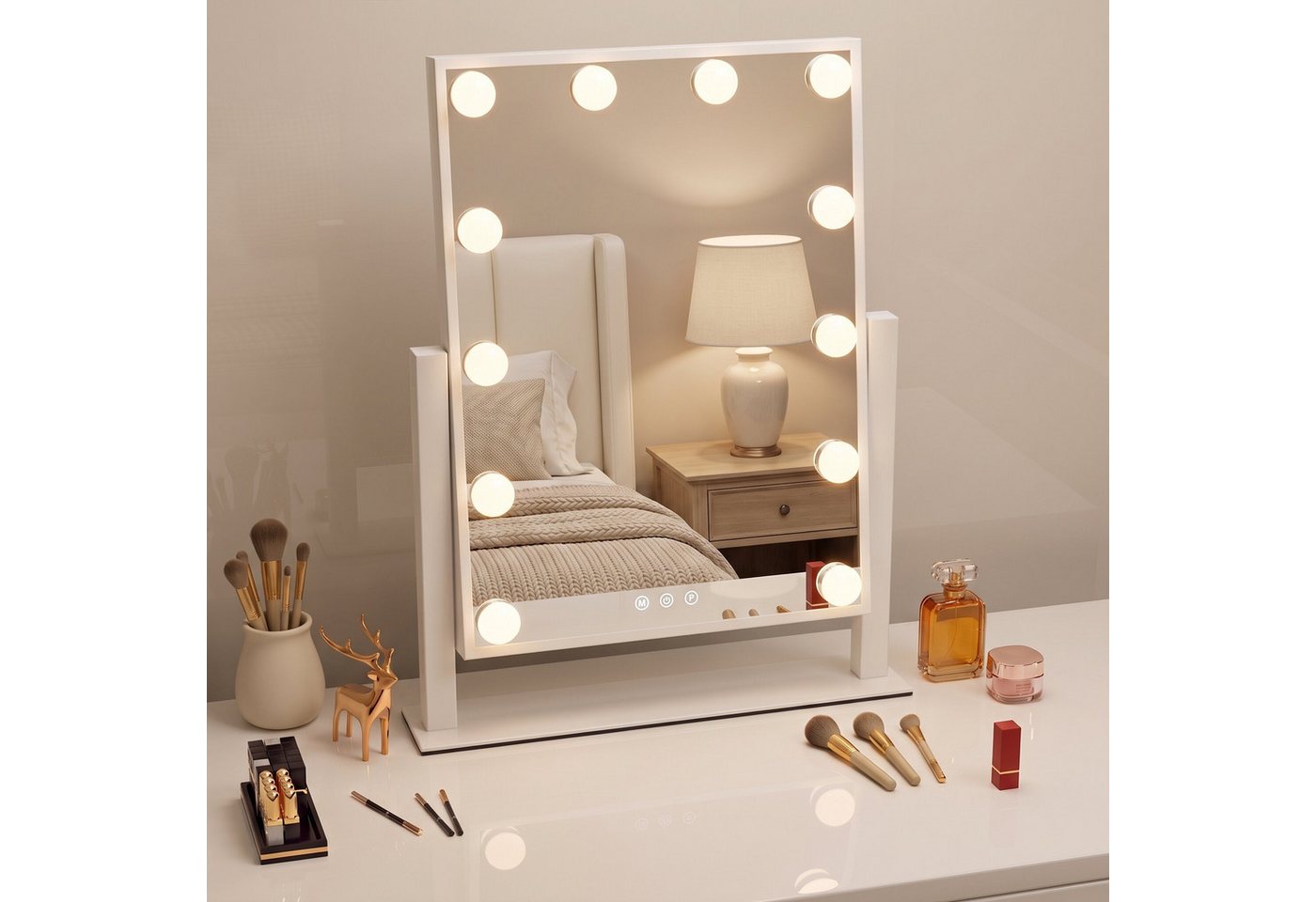 oyajia Schminkspiegel mit Beleuchtung Hollywood Spiegel, 3 Lichtfarben Touch Dimmbar (30x40cm,Hollywood Spiegel,Schminkspiegel mit Licht, 12 Dimmbare LED,3 Beleuchtungsmodi,Touch Steuerung), HD Kupfer- und bleifreier Spiegel, Stabile Standfuß, 360-Grad-Drehung