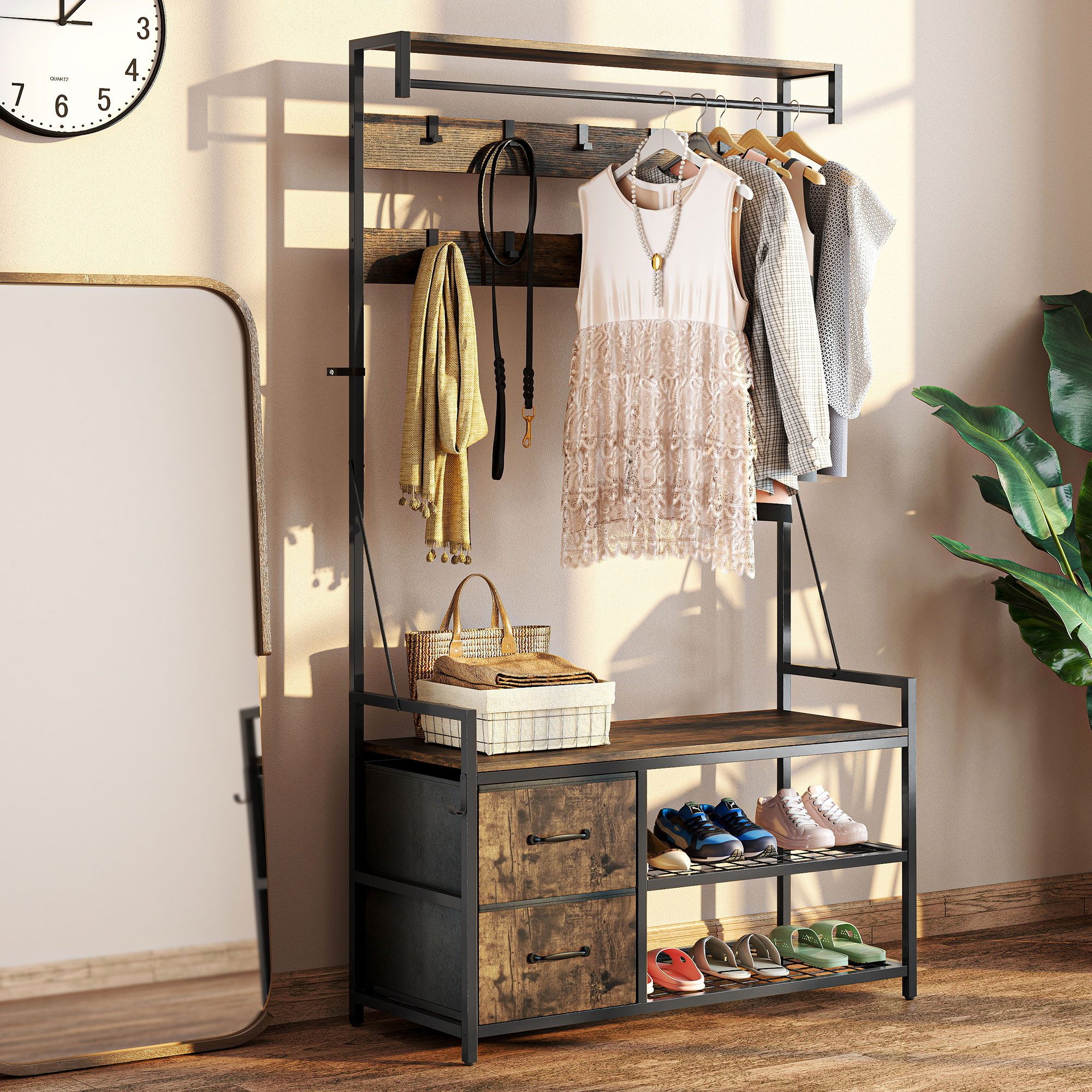 HOMCOM Garderobenständer mit Schuhregal, Industrie-Stil, (Kleidungsständer, 1 St., Garderobe), für Eingangsbereich, Schlafzimmer, Braun+Schwarz