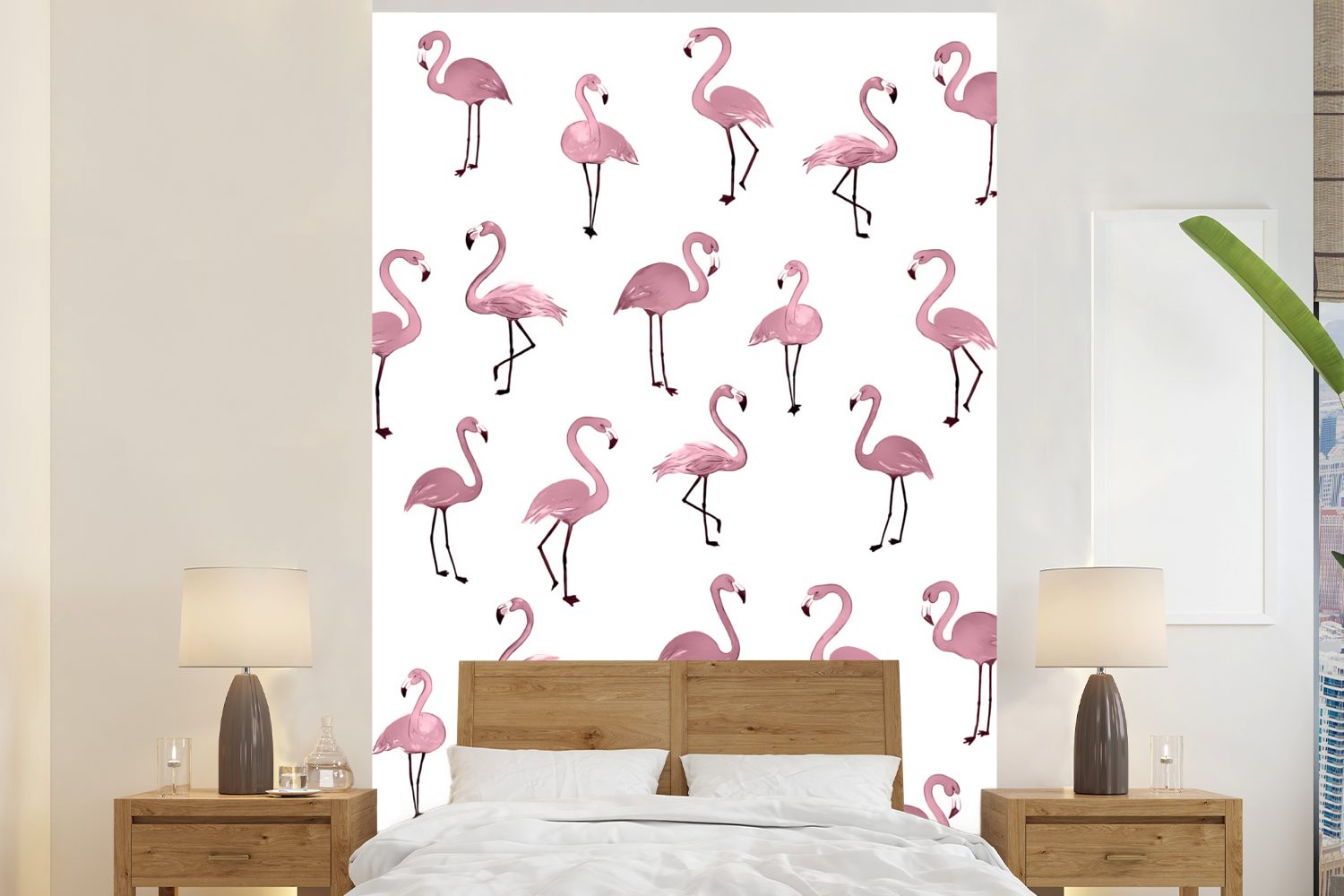 MuchoWow Fototapete Flamingo - Rosa - Muster, Matt, bedruckt, (3 St), Montagefertig Vinyl Tapete für Wohnzimmer, Wandtapete