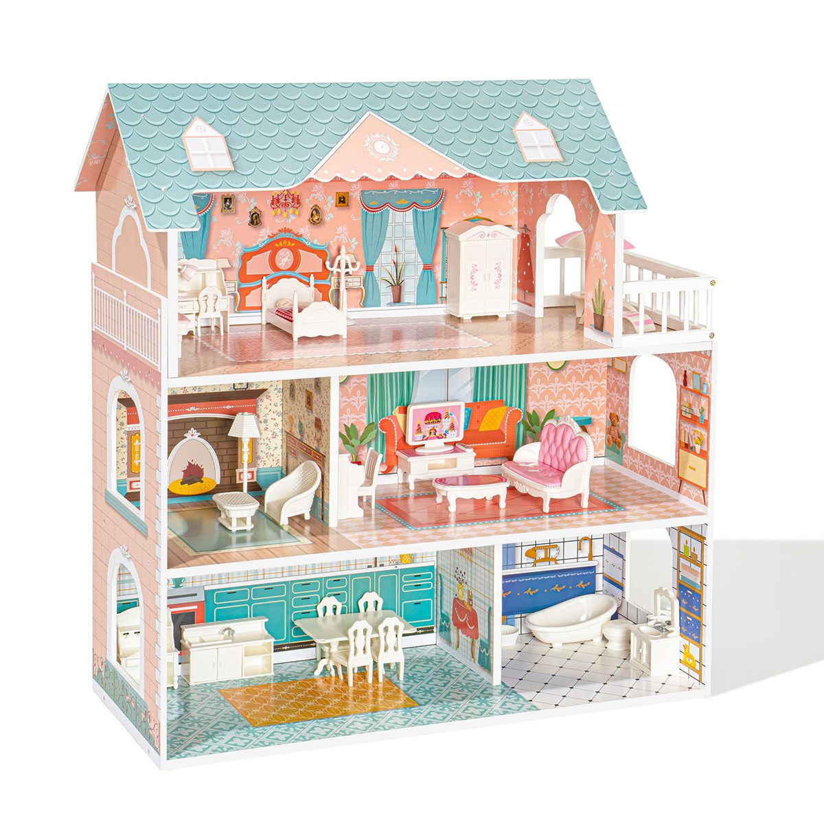 XDeer Puppenhaus Hölzernes mit Möbeln und Zubehör Puppenhaus-Spielset, Traumspielzeughaus Tolles Geschenk für Mädchen