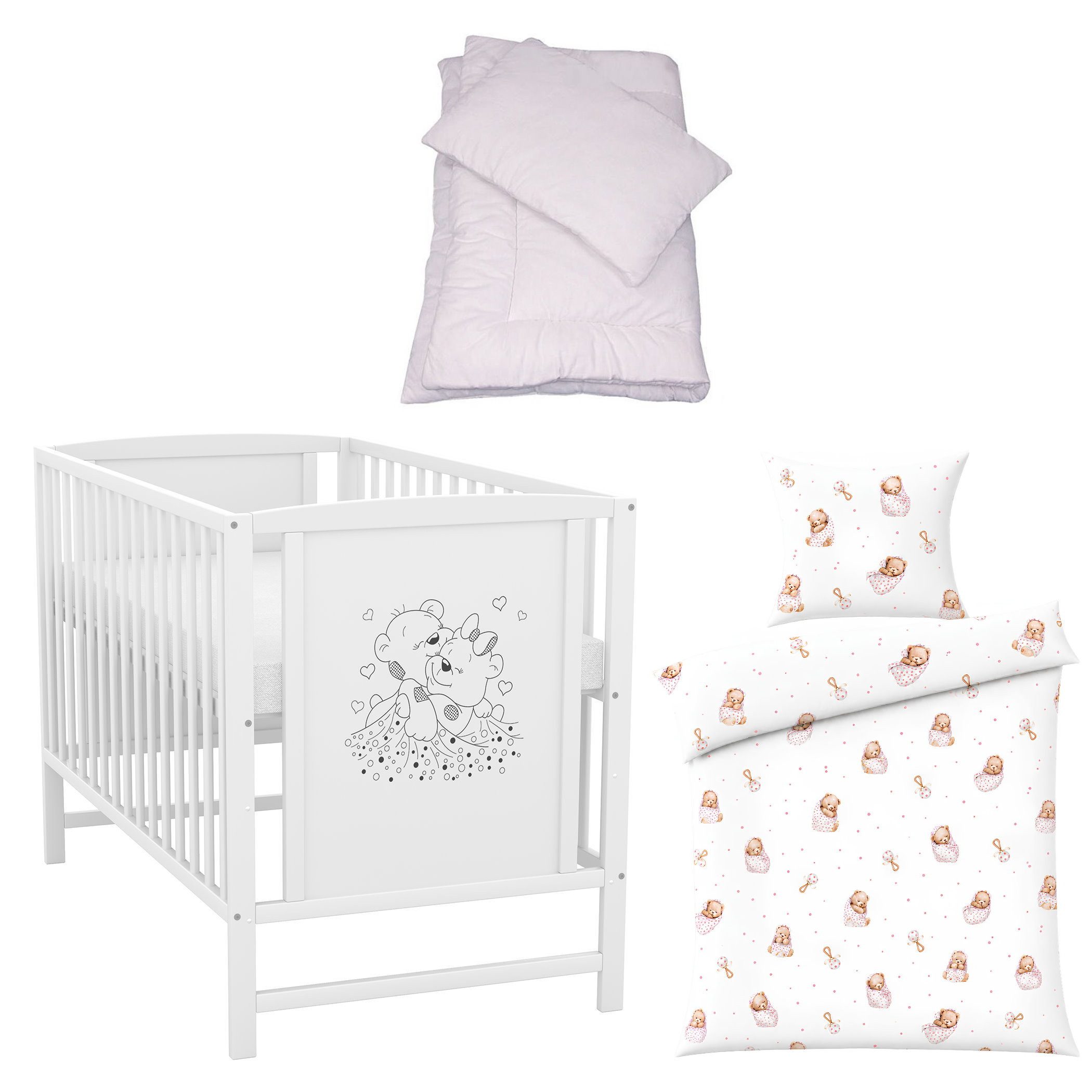Baby-Delux Komplettbett Babybett Mia Komplettset, 7-tlg., Kinderbett 60x120 cm weiß, Bettset verschiedene Designs
