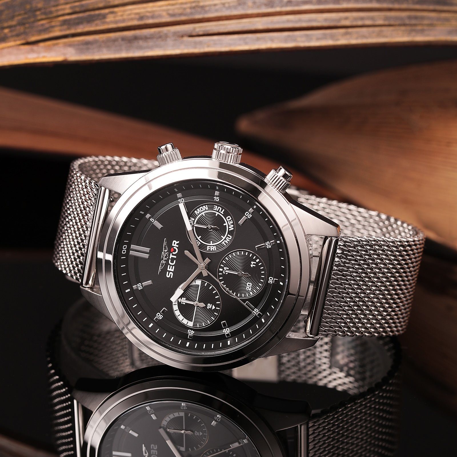 groß Armbanduhr Armbanduhr Multifunktionsuhr Fashion Herren Multifunkt, Sector rund, silber, (43mm), Sector Herren Edelstahlarmband