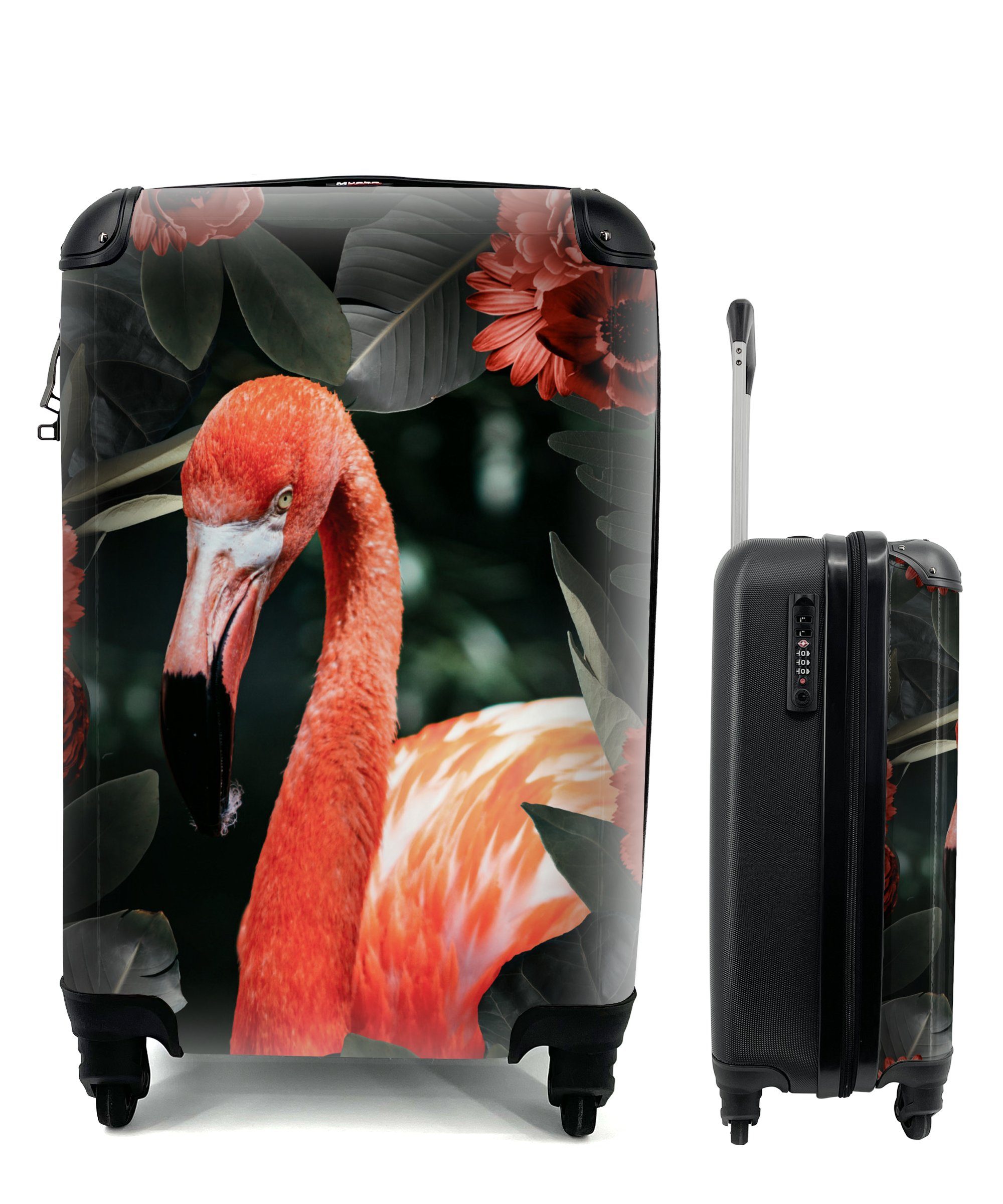MuchoWow Handgepäckkoffer Flamingo - Rot - Blume, 4 Rollen, Reisetasche mit rollen, Handgepäck für Ferien, Trolley, Reisekoffer