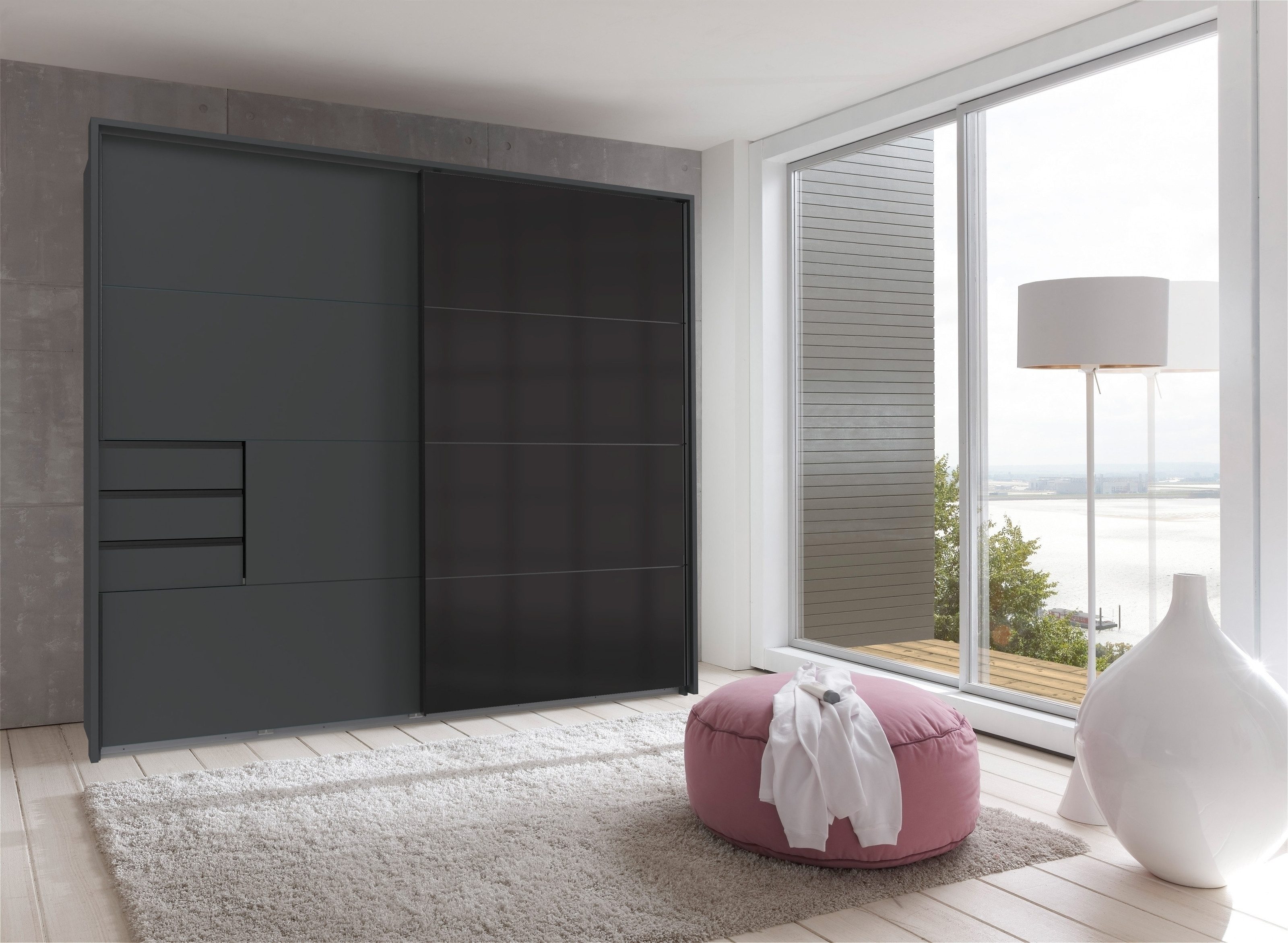 freiraum Schwebetürenschrank Saigon 3 Schübe, in GRPAHIT + GLAS SCHWARZ - 225x208x64cm (BxHxT)