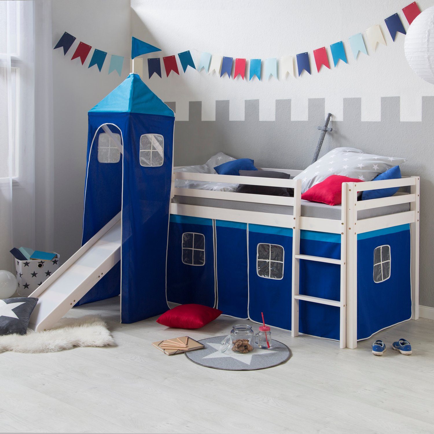 Homestyle4u Hochbett 90x200 mit Vorhang Stockbett günstig online kaufen