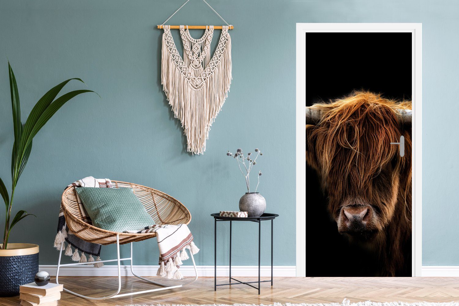 Highlander Fototapete Schwarz Hörner Wild - Natur 75x205 bedruckt, Türaufkleber, cm - für Tiere St), Türtapete -, Matt, Schottischer - - MuchoWow Tür, - (1