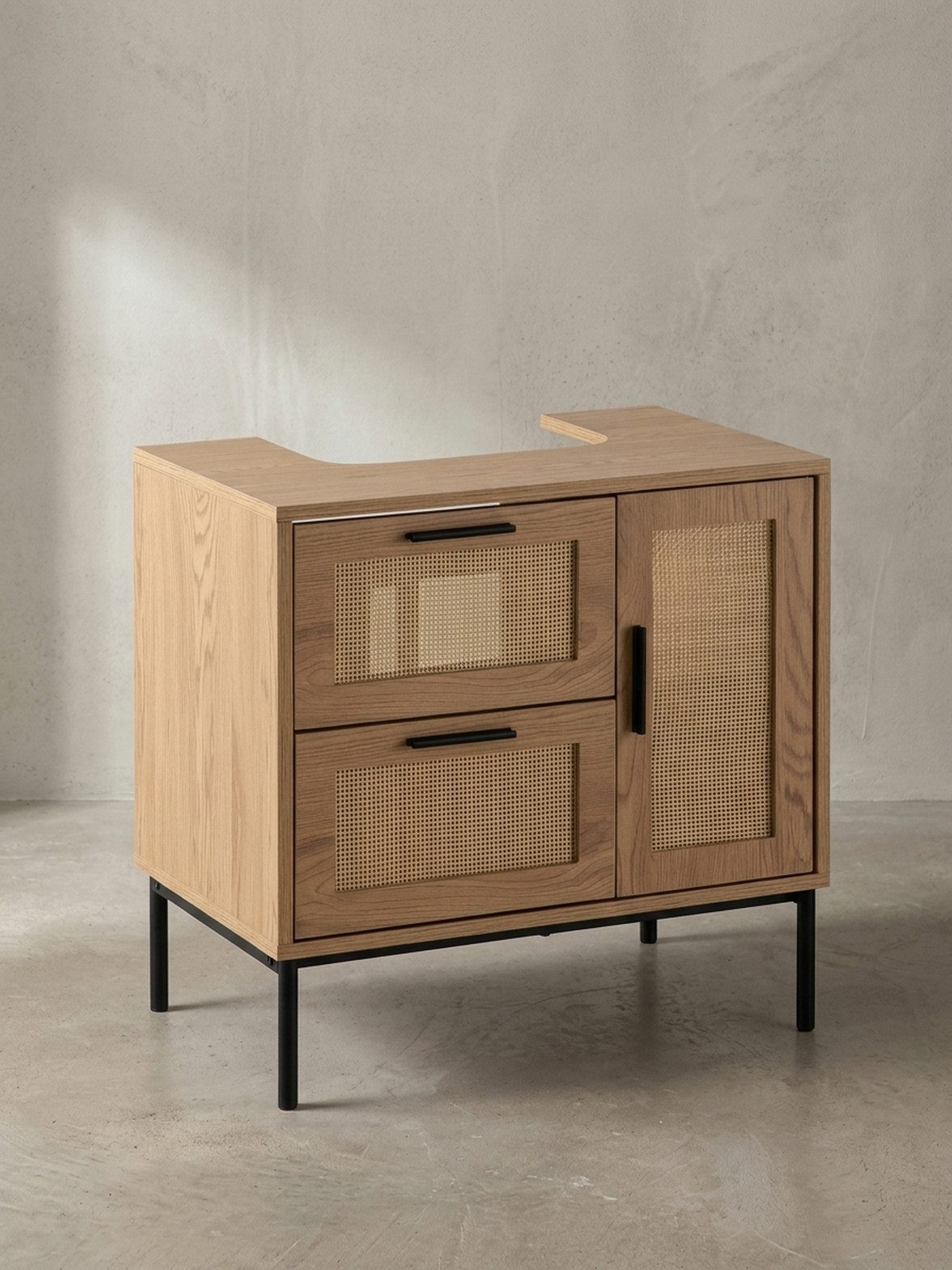 KADIMA DESIGN Waschbeckenunterschrank Waschbeckenunterschrank Eiche-Optik 60x60x40 cm mit Tür und (Stehend, Badschrank Midischrank Klein Waschtisch) Schubladen, Badezimmerschrank mit Rattangeflecht, Unterschrank