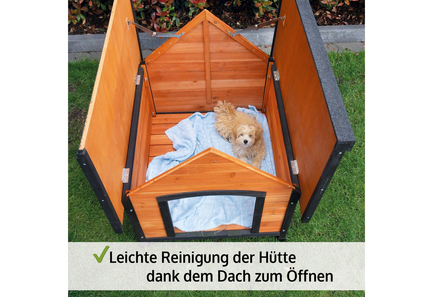 Thumbnail - Zooprinz Hundehütte Luna mit Klappdach und Lamellen, Bitumenbahnen, wetterfest lasiertes Kiefernholz, für mittelgroße Hu...