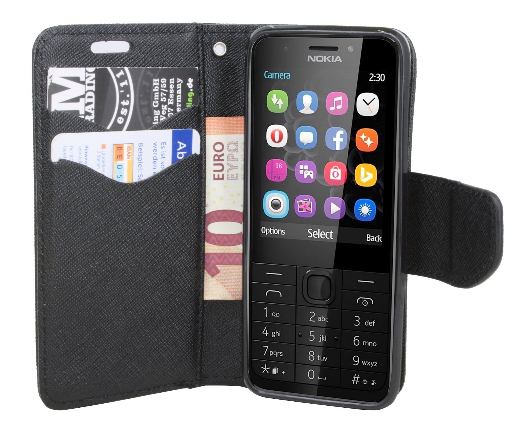 cofi1453 Smartphone-Hülle Elegante Buch-Tasche Hülle für das NOKIA 230 Schwarz Leder Optik