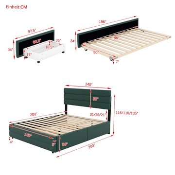 Gotagee Polsterbett 140x200cm Polsterbett Plattformbett mit Ausziehbaren Betts+ Schubladen