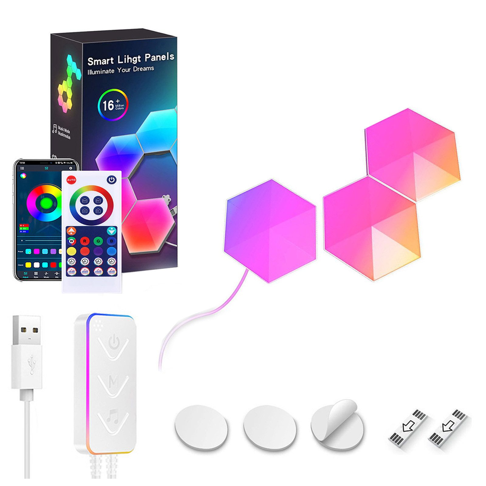 Jibenhome LED Dekolicht LED Sechseck Gaming Wandleuchte Timer RGB Panel Hexagon Waben Wanddeko, APP & Fernbedienung, Musik Sync Deko