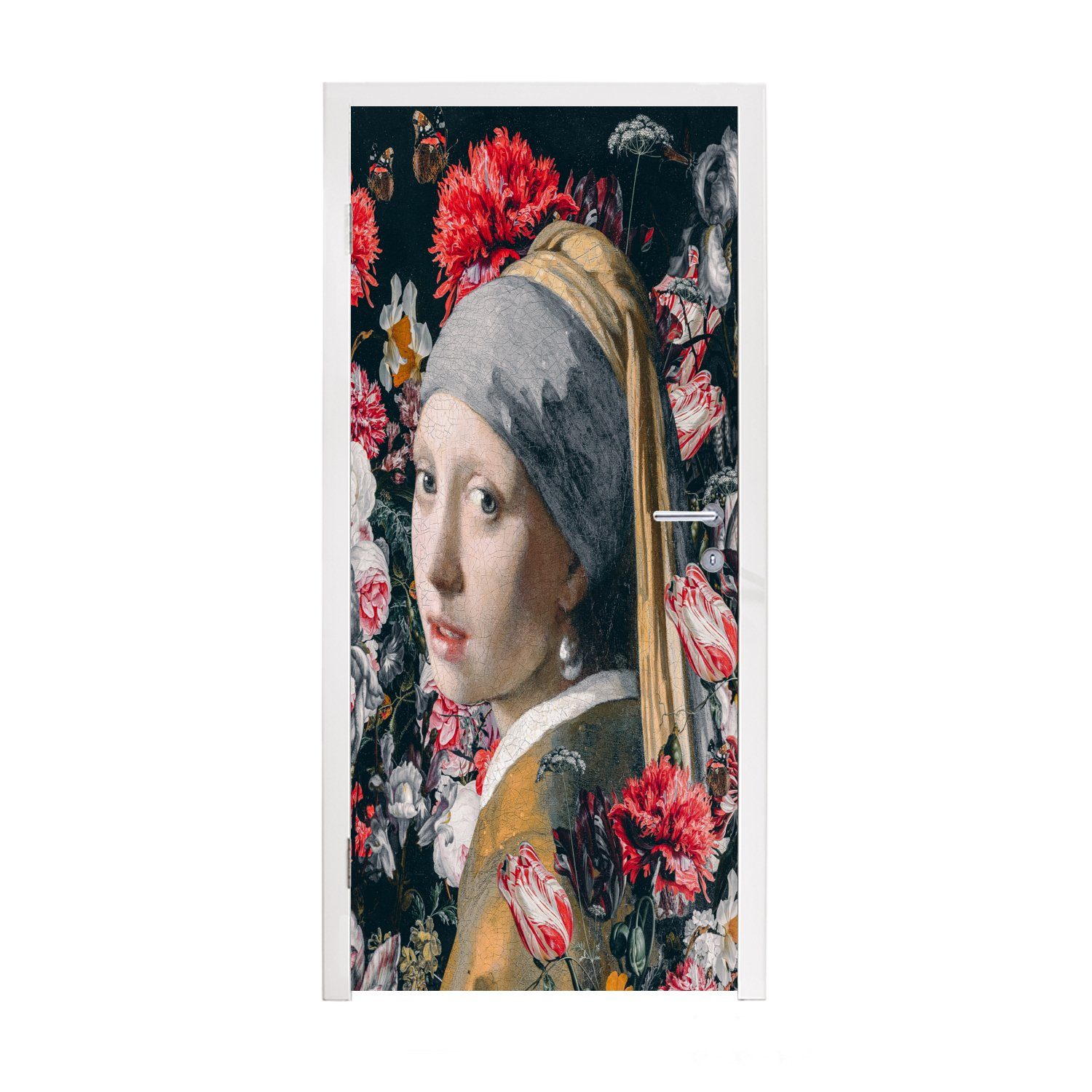 MuchoWow Türtapete Das Mädchen mit dem Perlenohrring - Blumen - Vermeer, Matt, bedruckt, (1 St), Fototapete für Tür, Türaufkleber, 75x205 cm