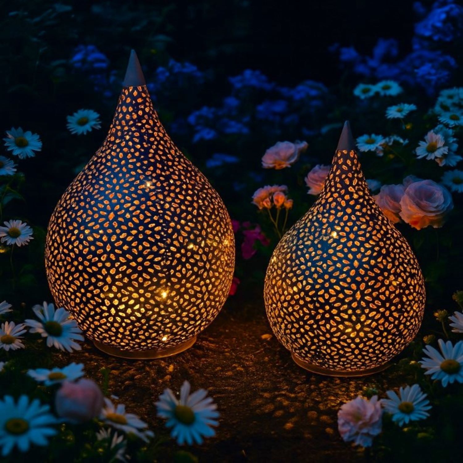 Online-Fuchs LED Laterne - Deko Metalltropfen mit LED´s und Timerfunktion, für aussen geeignet, warmweiße LED-Lichterkette, 6-Stunden Timer - Gartendekoration - Outdoor