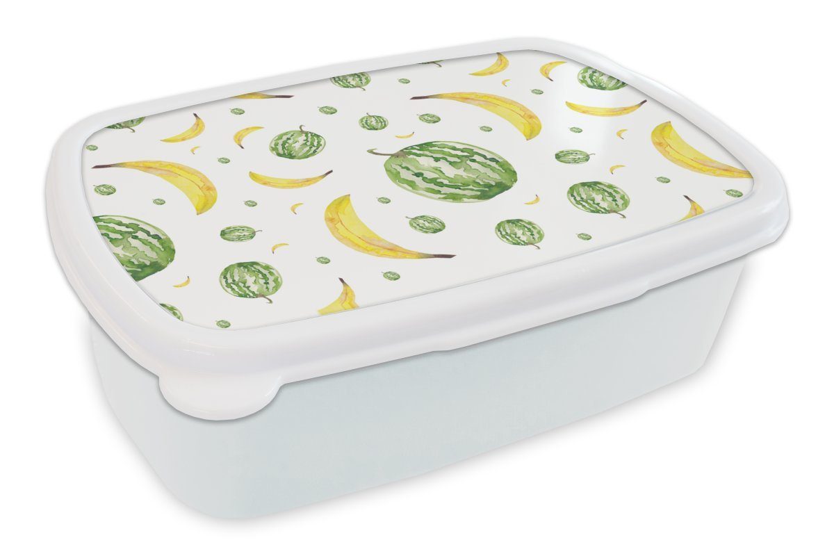 MuchoWow Lunchbox Bananen - Melonen - Schablonen, Kunststoff, (2-tlg), Brotbox für Kinder und Erwachsene, Brotdose, für Jungs und Mädchen weiß