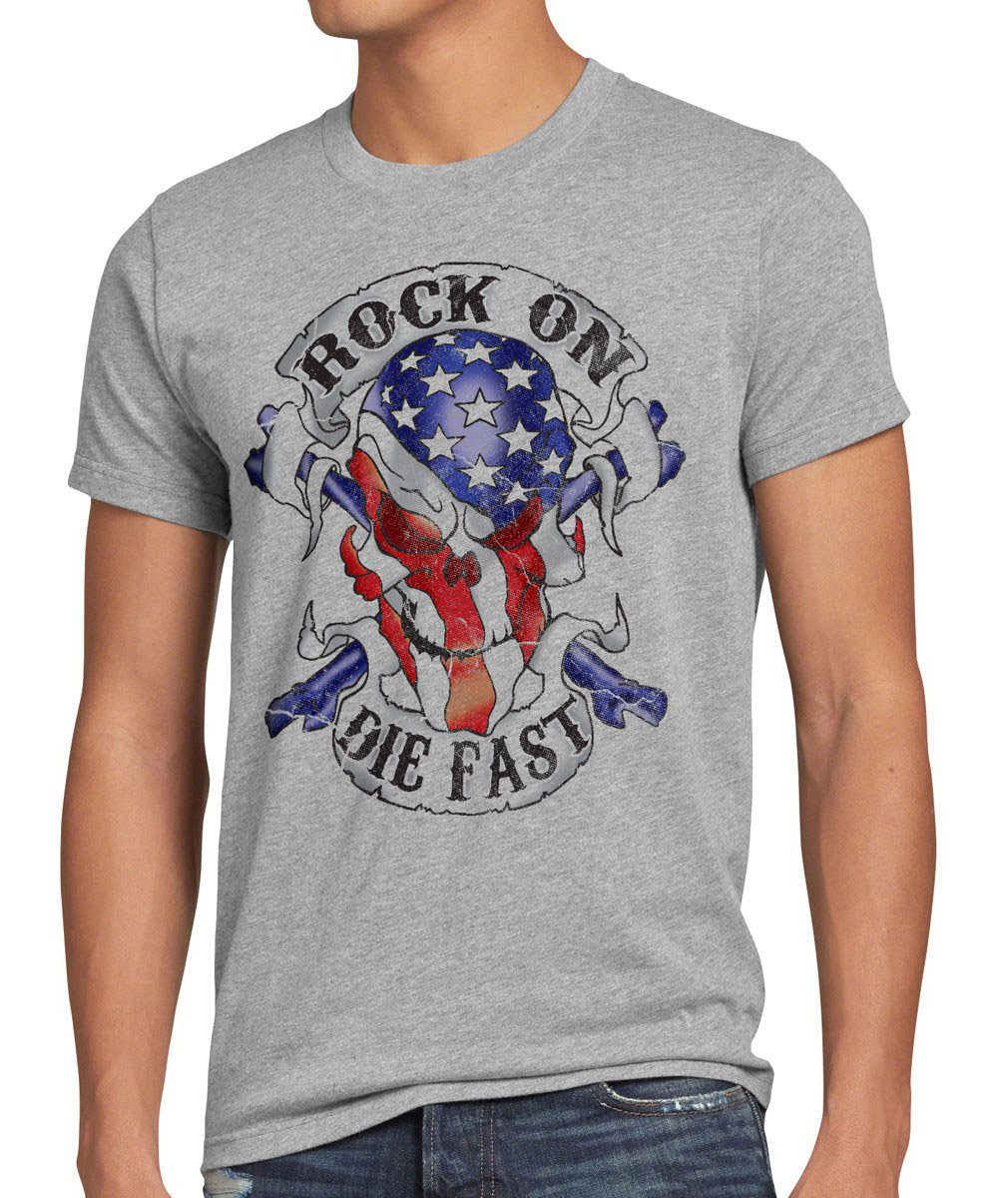 style3 Print-Shirt Herren T-Shirt USA Rocker Skull Totenkopf Flagge biker stars stripes amerika us grau meliert