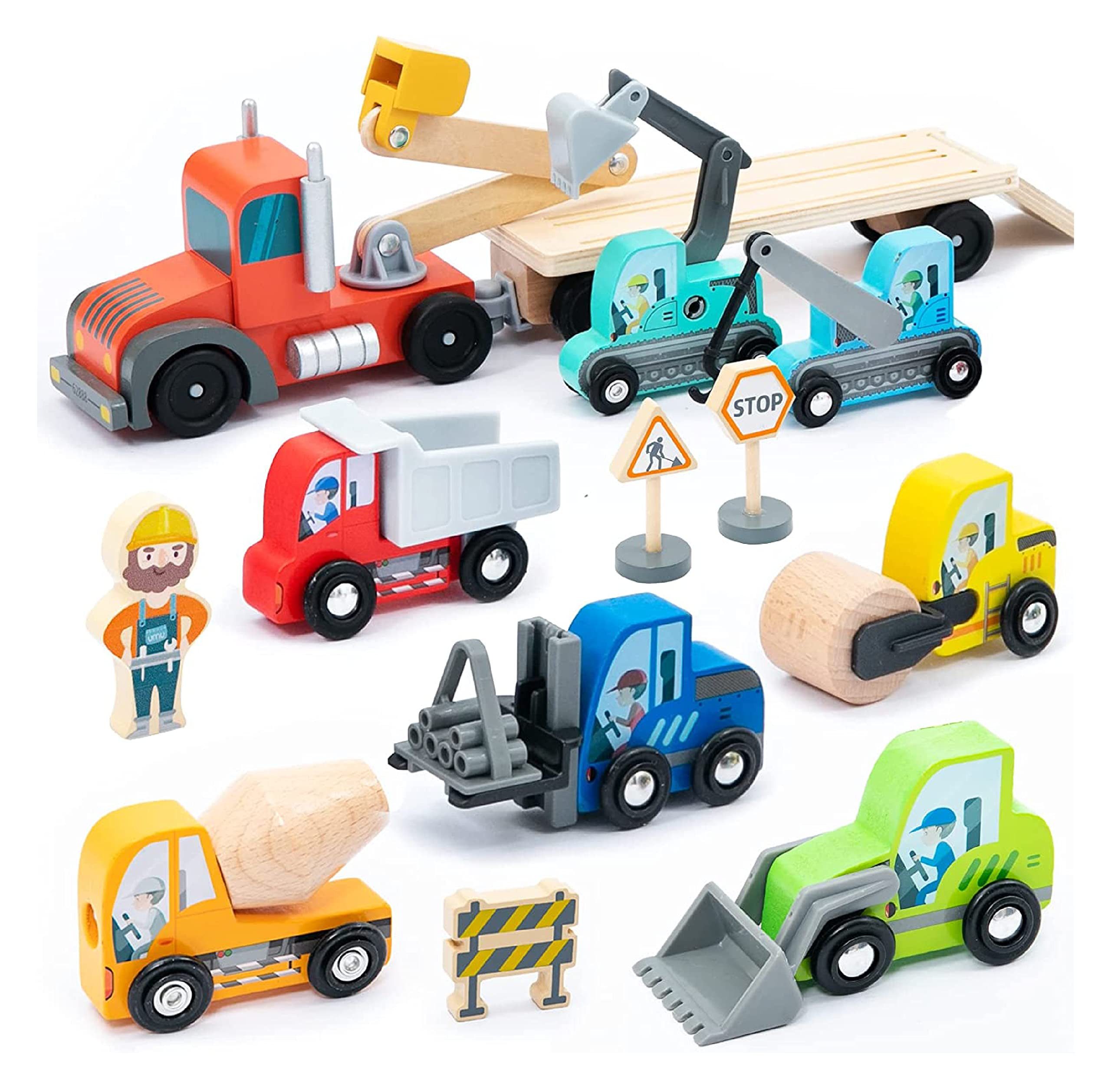 CLTYQ Spielzeug-Baumaschine Holz Baufahrzeug Transporter Spielset, Spielzeug enthält Bagger, Kran, Walze u. v.