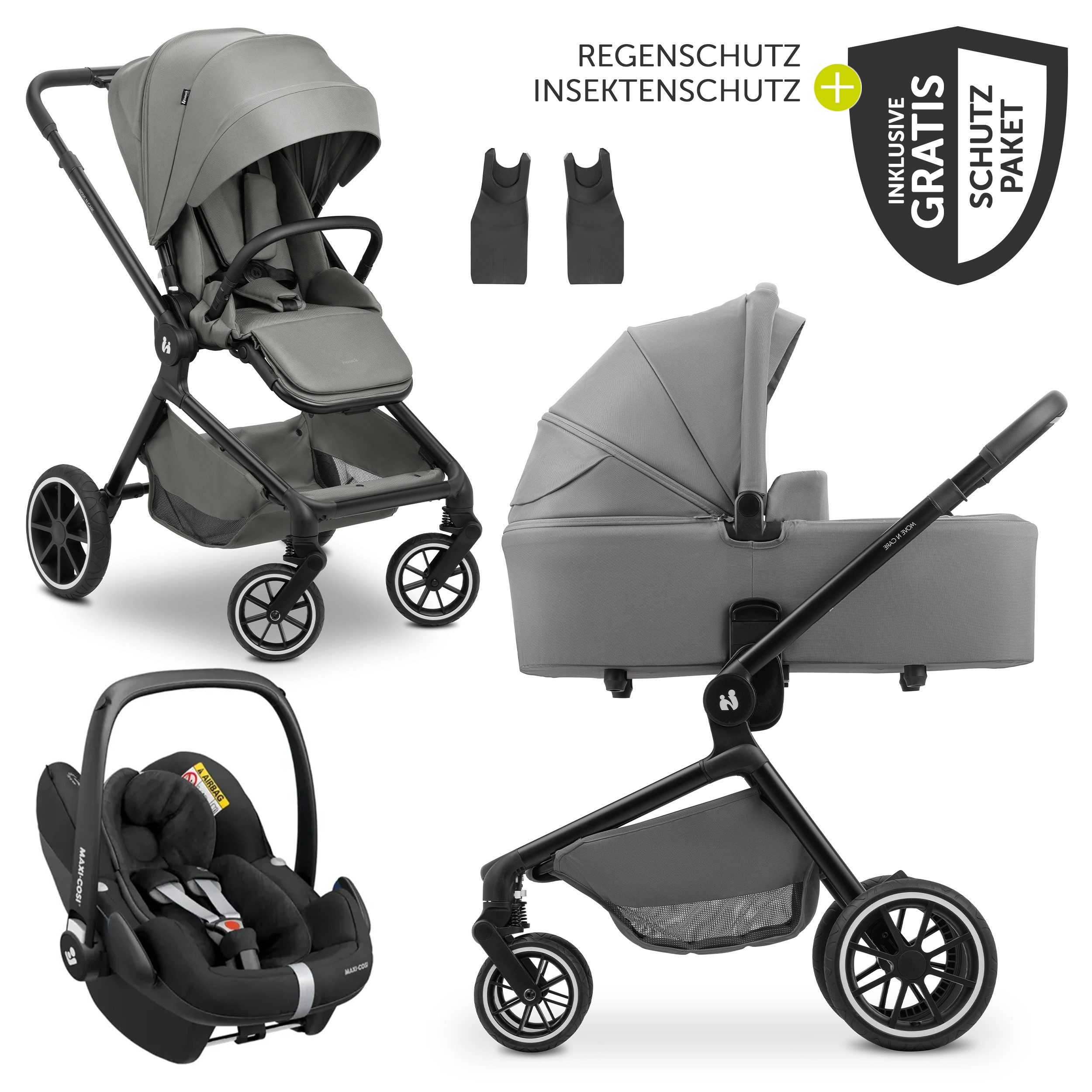 Hauck Kombi-Kinderwagen Move N Care Trio Set - Dark Grey, 3in1 Kinderwagen Set mit Babywanne, Maxi-Cosi Pebble Pro & Zubehör