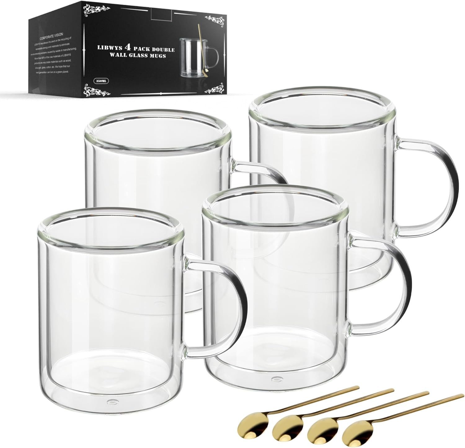 LIBWYS Thermoglas Doppelwandige Gläser 4er Set 350ml mit Griff Latte Macchiato Glas, Borosilikatglas, Doppelwandig, isolierend, mit Griff, transparent, vielseitig nutzbar